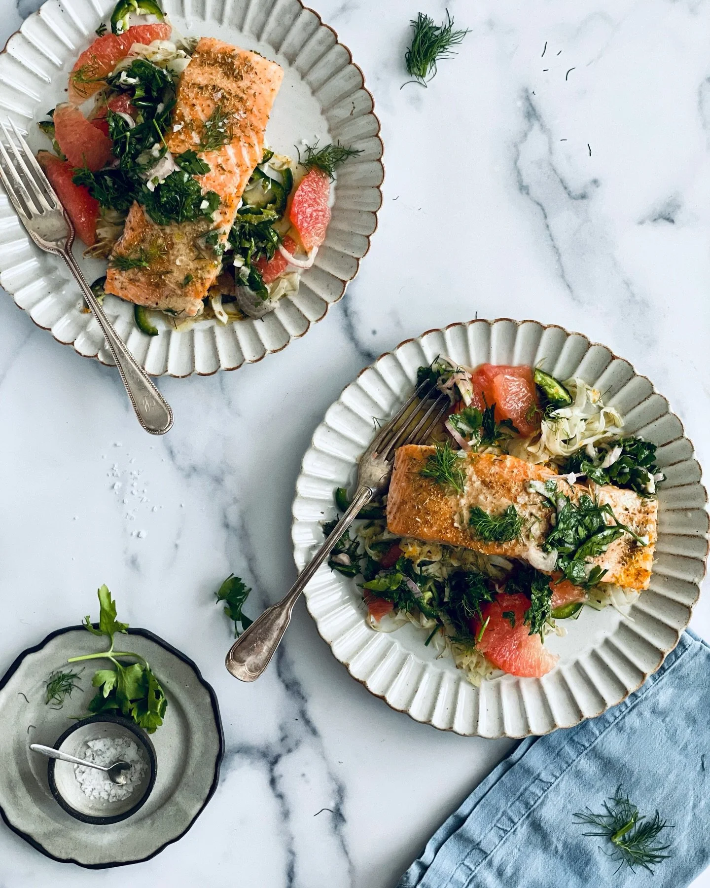 Type RECIPE in the comments and we&rsquo;ll DM it to you. 

Slow Roasted Salmon with Grapefruit, Fennel and Chile with Herby Shallot Vinaigrette

Slow-roasting salmon renders the meat tender and succulent&mdash; and fool-proof whether it be for compa
