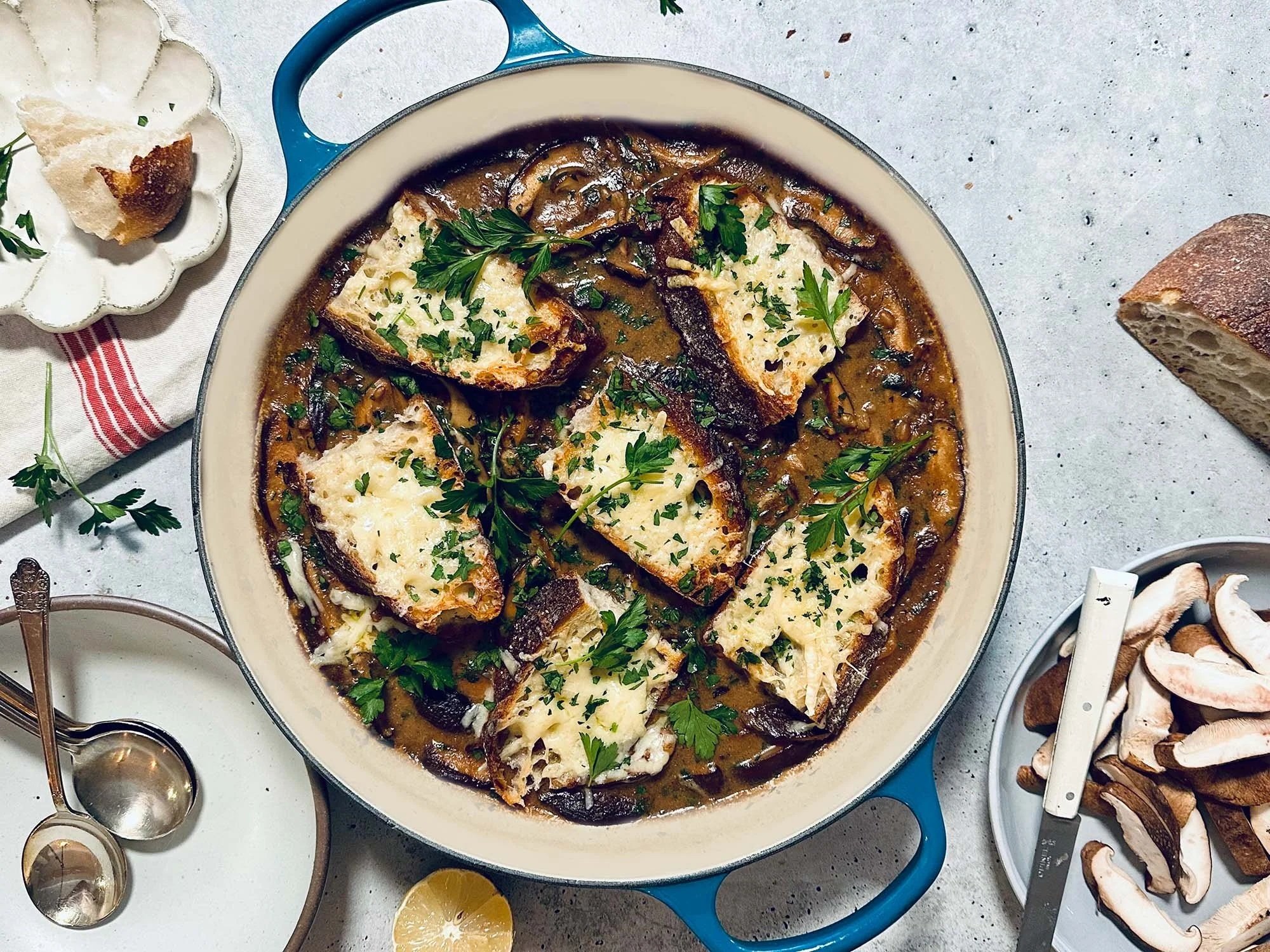 Hearty Mushroom and Farro Stoup with Gruyere Toasts