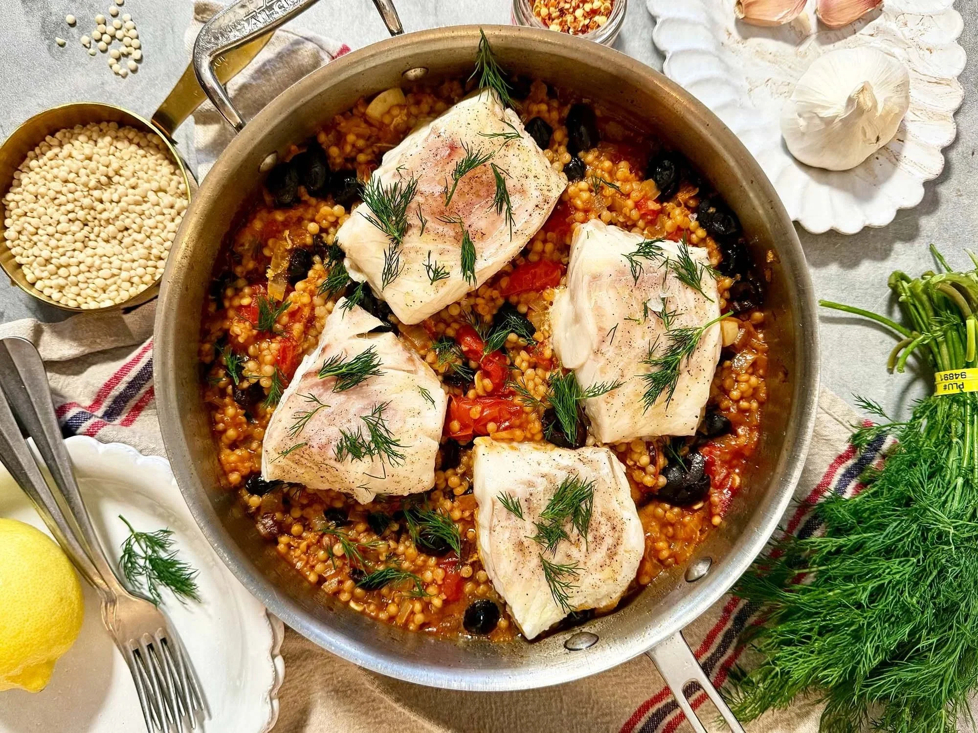 Cod with Pearl Couscous and Charred Cherry Tomatoes