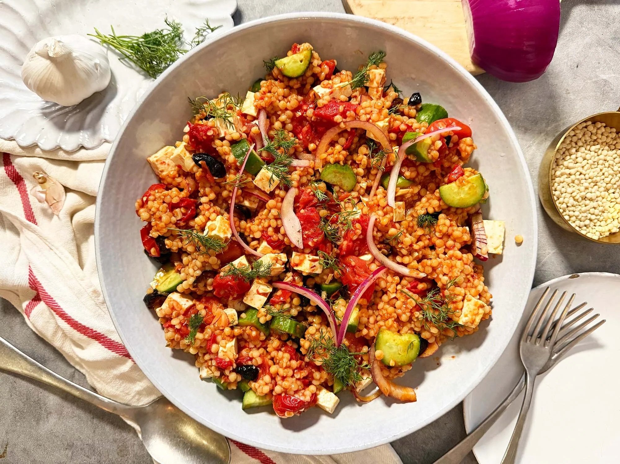 Orzo with Burst Cherry Tomatoes, Olives and Feta