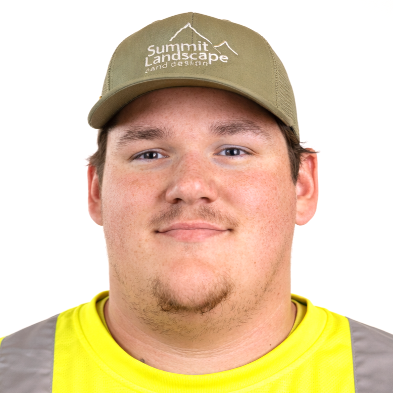 A man wearing a beige cap with the logo 'Summit Landscape and Design' and a yellow high-visibility vest.
