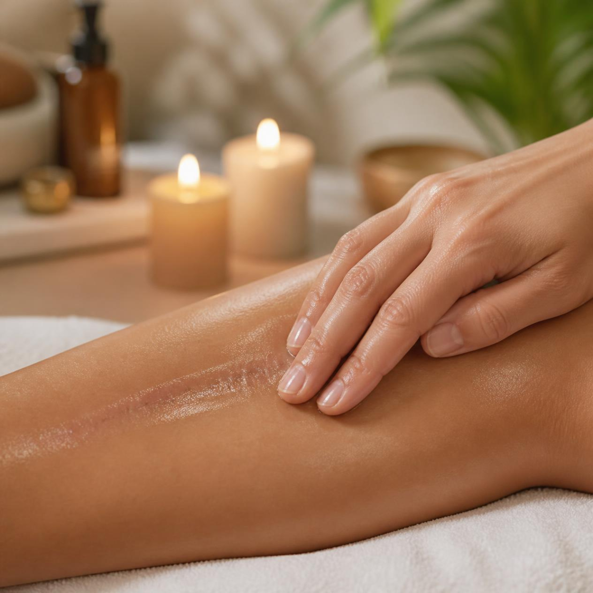 massaging scar on leg using oil