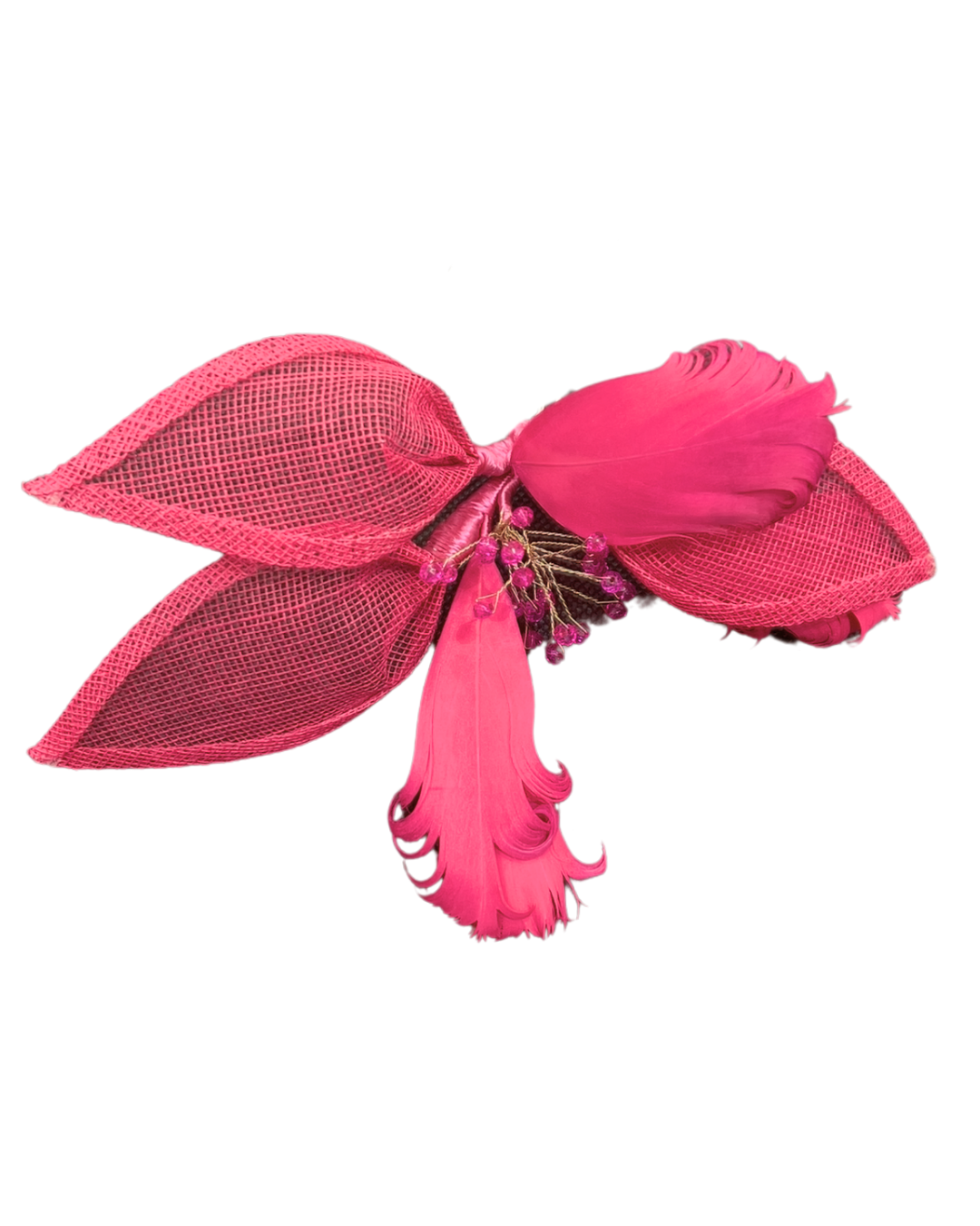 Tocado tonos fuscia con plumas