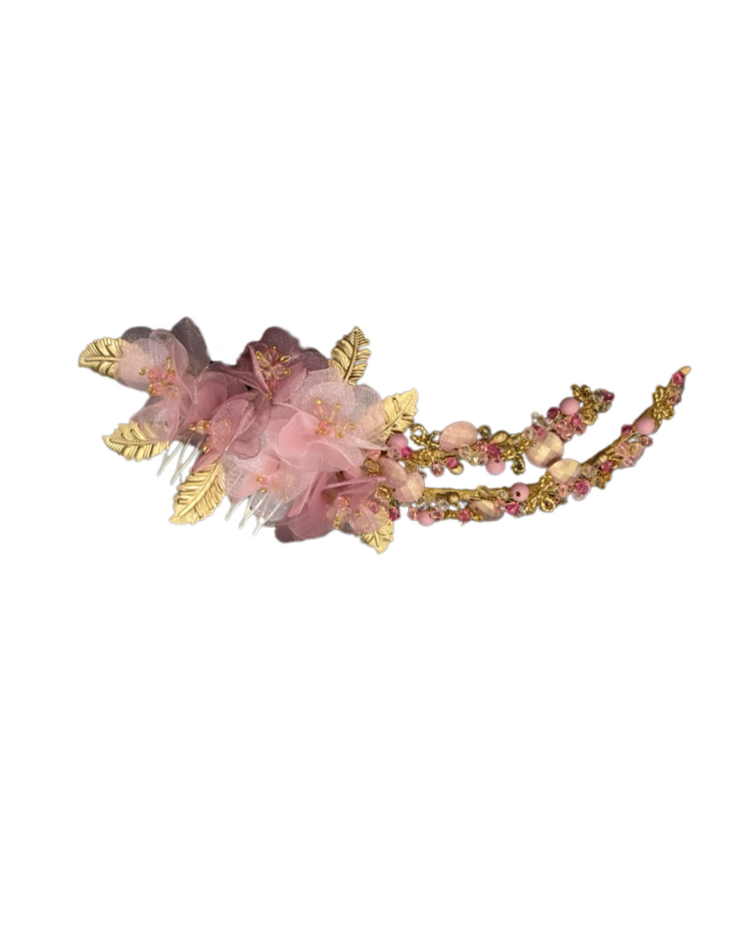 Tocado rosa y dorado bordado