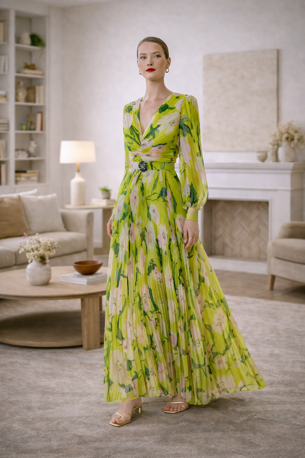 chinese dress ladies Carla Ruiz 50630: Elegant Multipink and Multigreen Floral Maxi Dress w   Rofial Beauty
