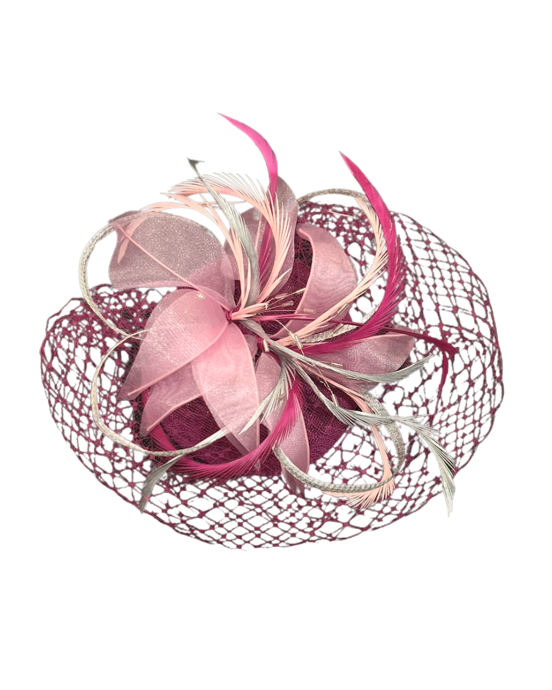 Tocado tipo casquete buganvilla y rosa