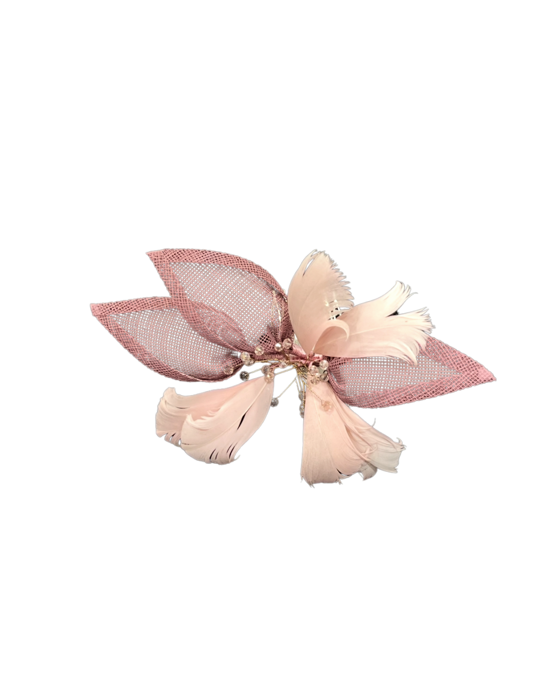 Tocado tonos rosas con plumas