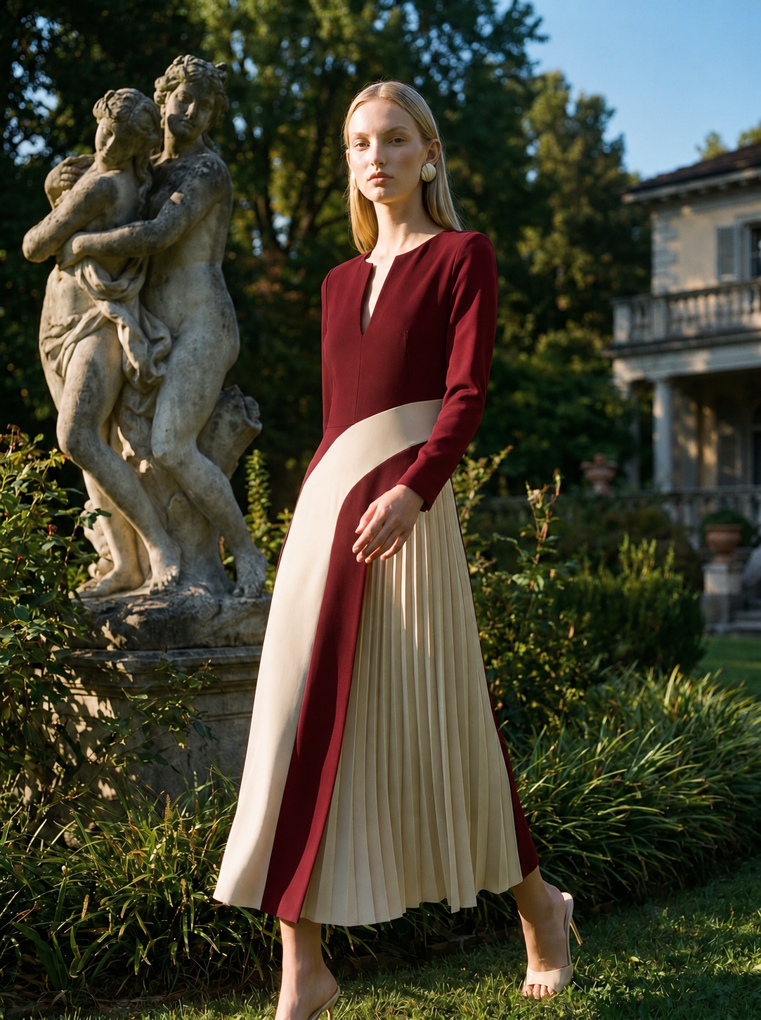 Moda en jardín con vestido burdeos.png