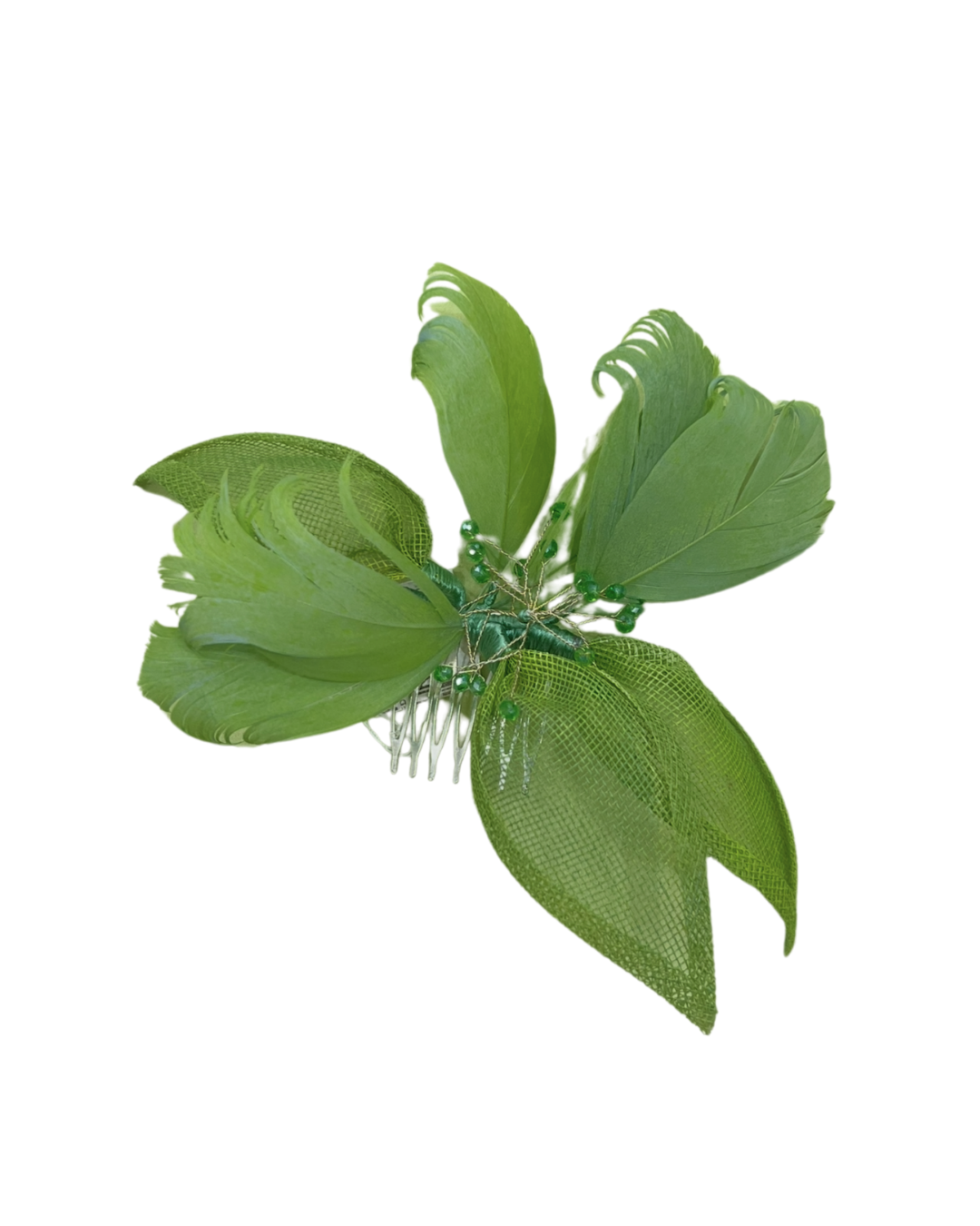Tocado tonos verdes con plumas
