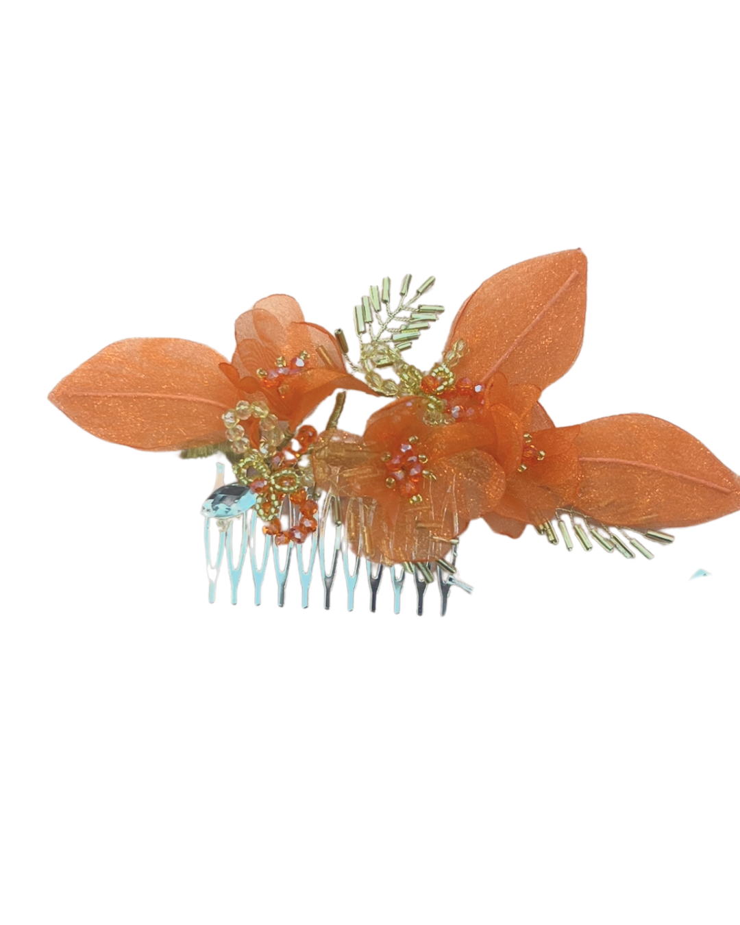 Tocado naranja flores organza