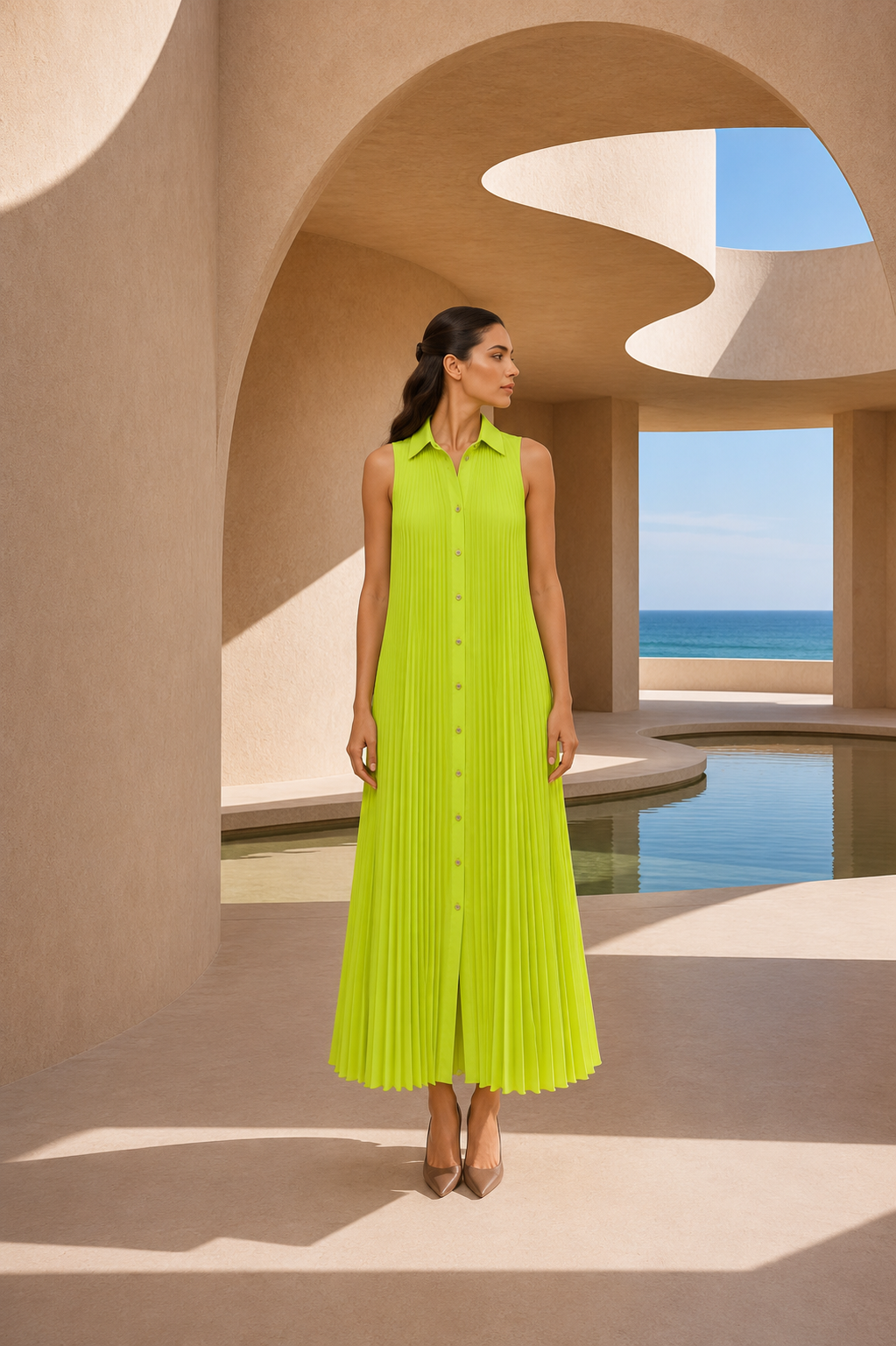 Vestido plisado cuello Halter Carla Ruiz