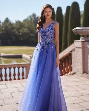 Vestido tull bicolor y pedrería Marfil