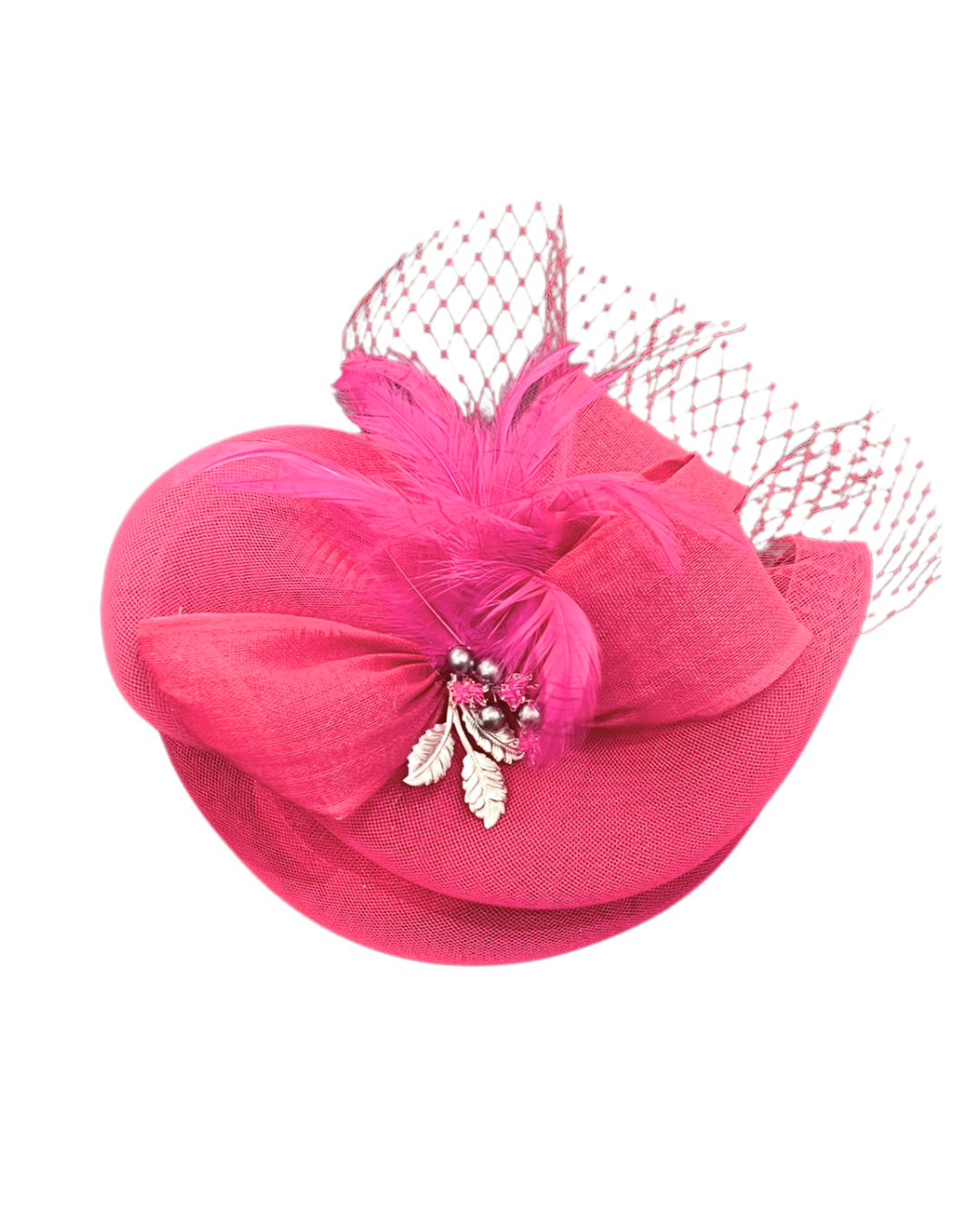 Tocado tipo casquete fucsia con pluma
