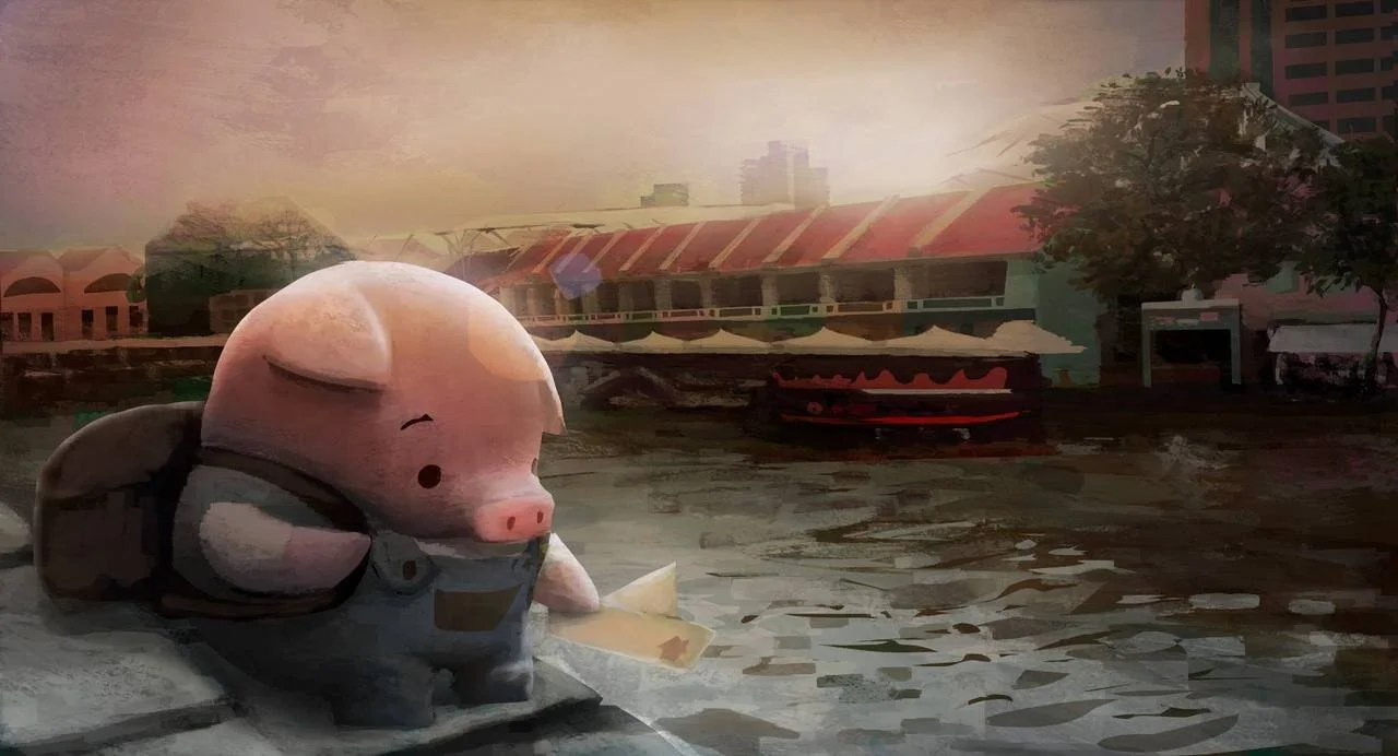 Pig at Clarke Quay: Dusk (Pig from ©The Dam Keeper, Tonko House)