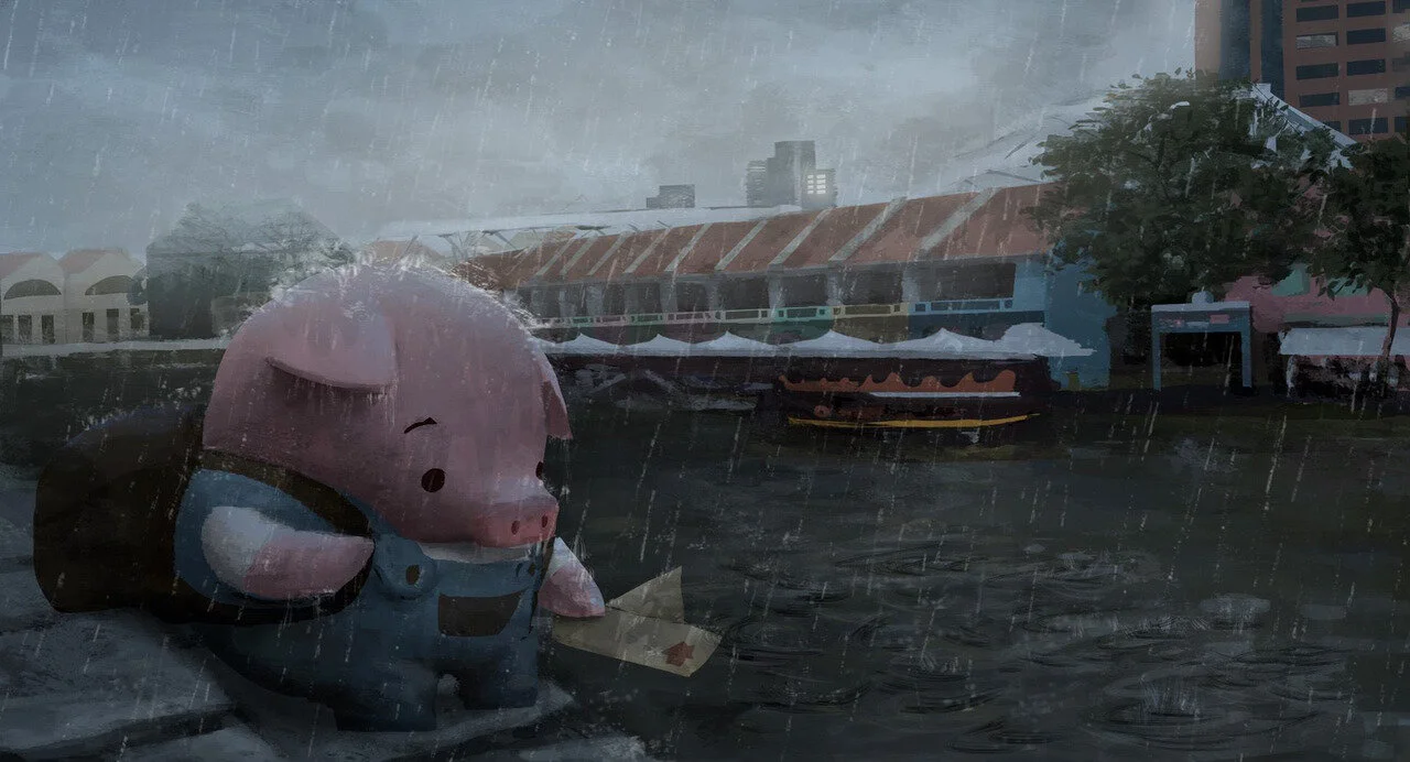Pig at Clarke Quay: Rainfall (Pig from ©The Dam Keeper, Tonko House)