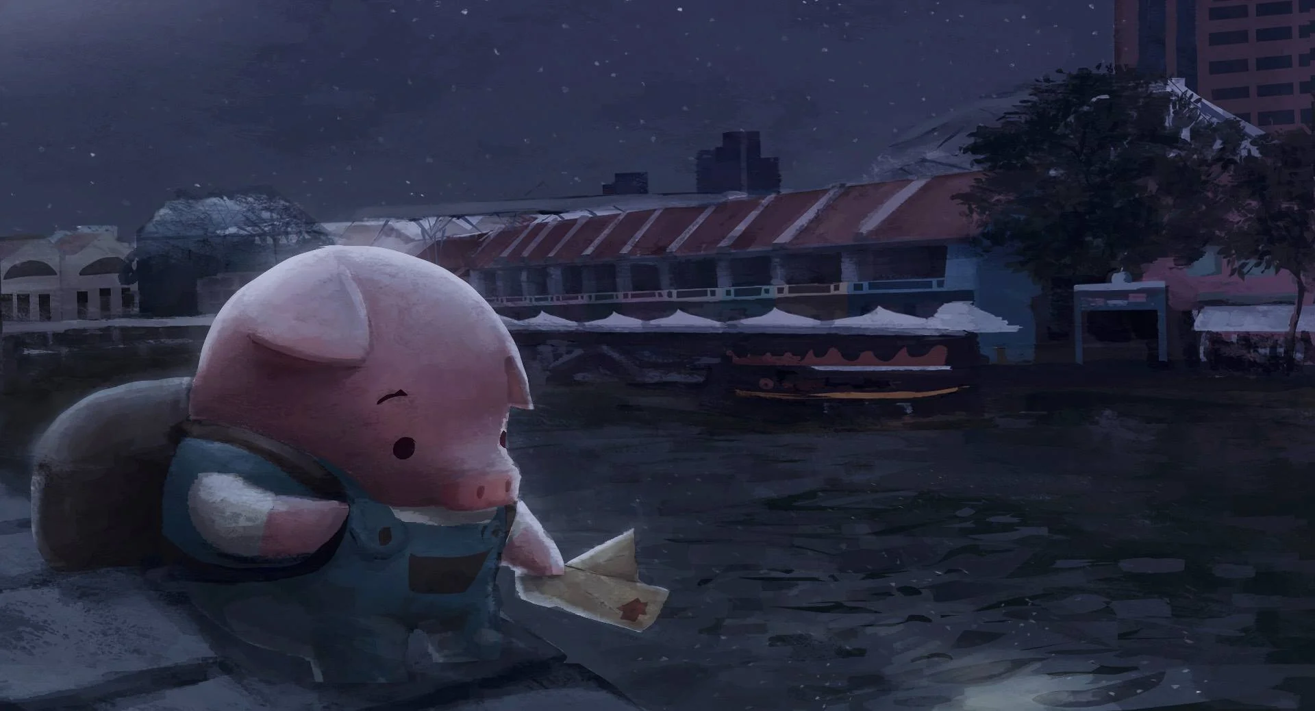 Pig at Clarke Quay: Nightfall (Pig from ©The Dam Keeper, Tonko House)
