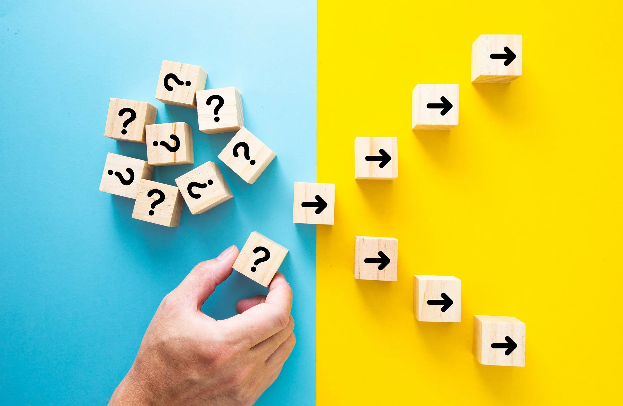 question marks then arrows representing decisions and outcomes during change