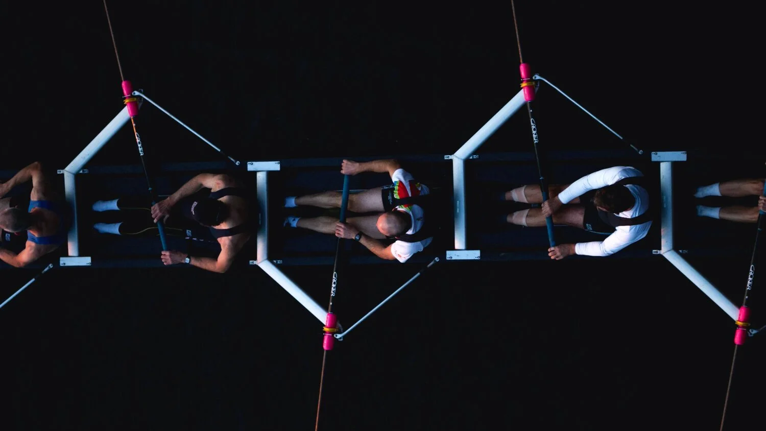 rowing crew in sync from above, metaphor for leadership team coaching