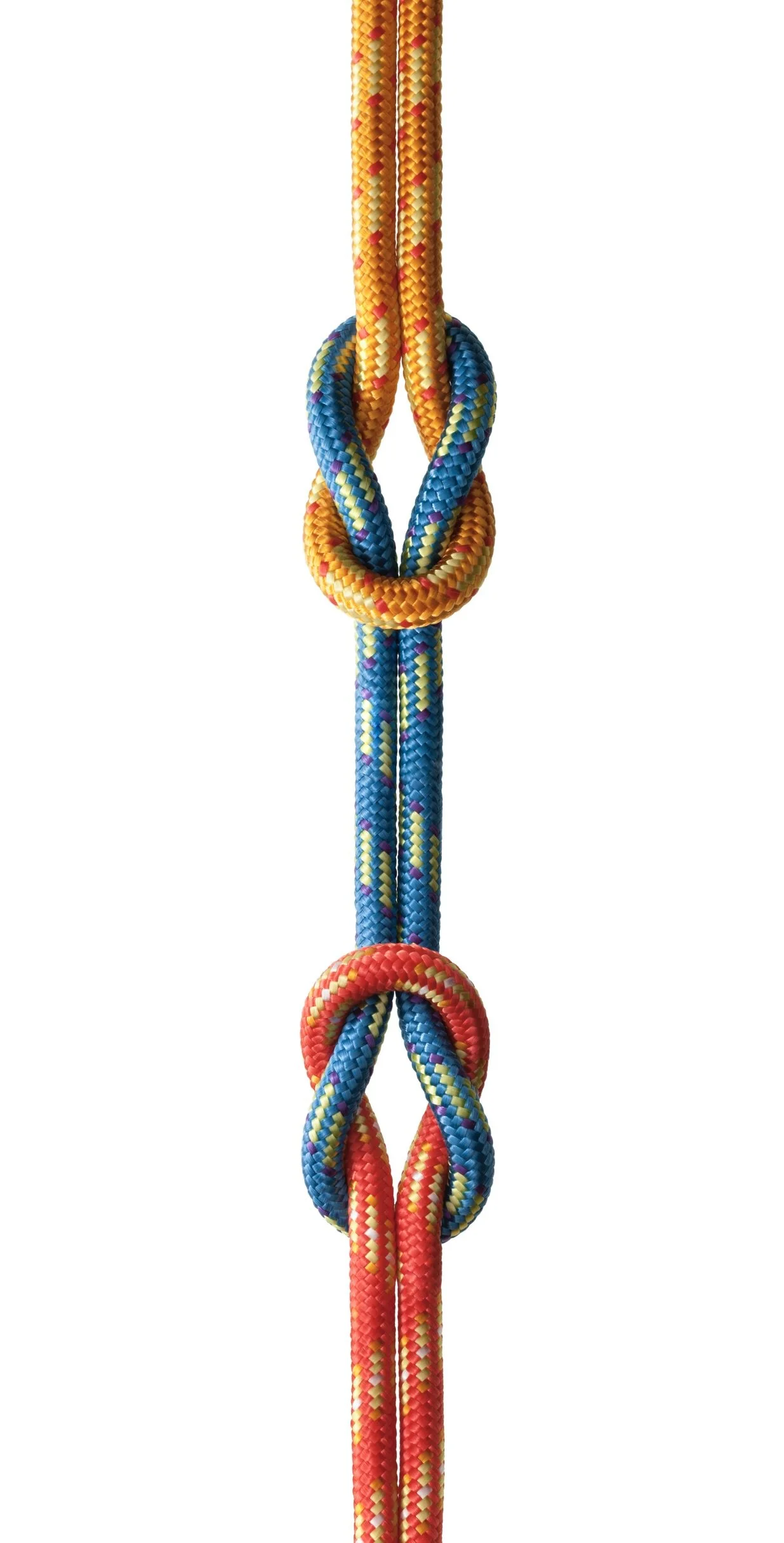 Three loops of climbing rope with the centre one pulled tight, showing tension between two teams