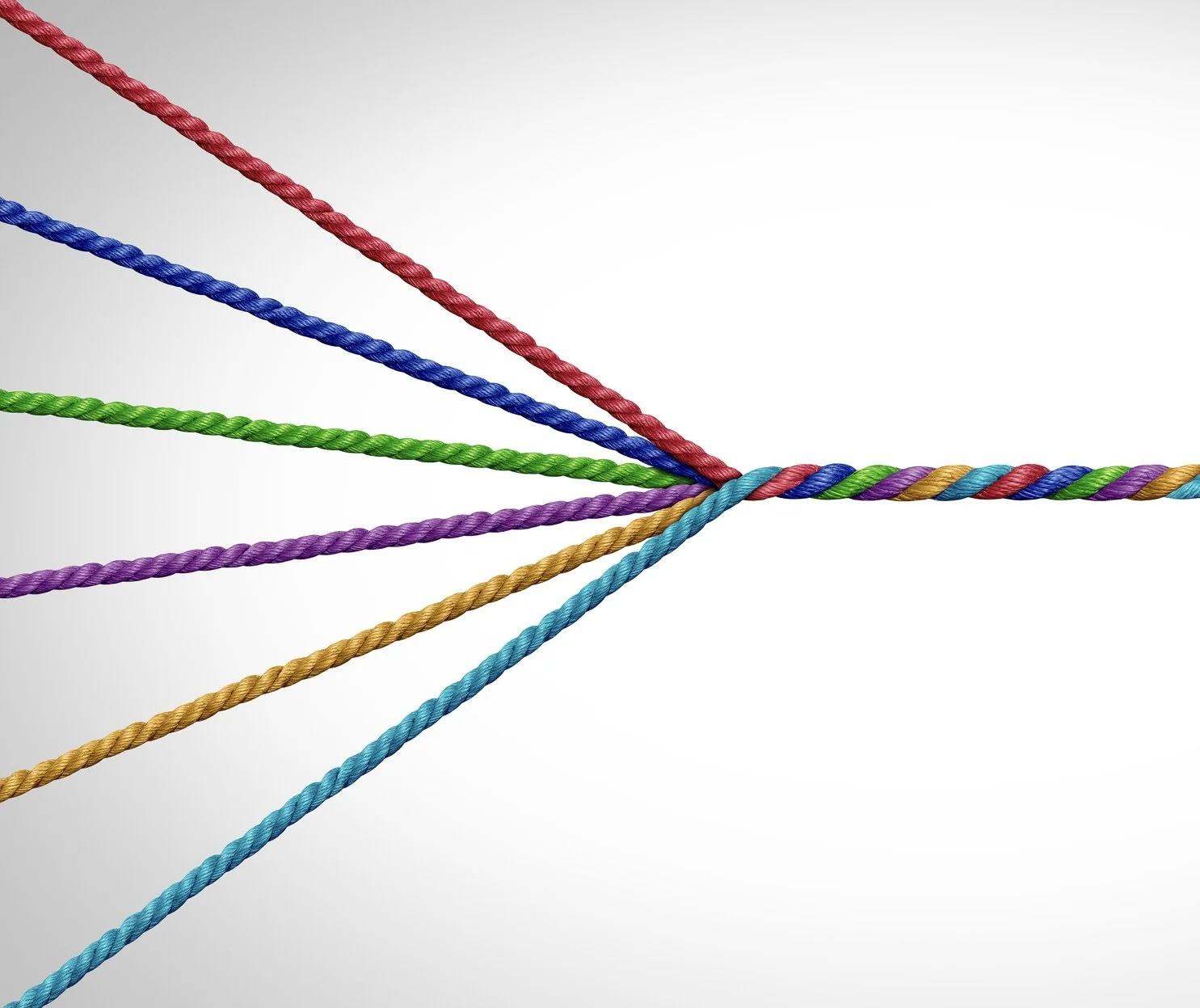 Colourful separate strands twisting into one strong rope, symbolising a leadership team aligning around a shared change agenda