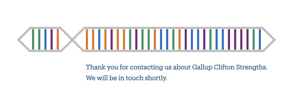 Message reading, 'Thank you for contacting us about Gallup Clifton Strengths. We will be in touch shortly.' with a colorful DNA strand illustration above.