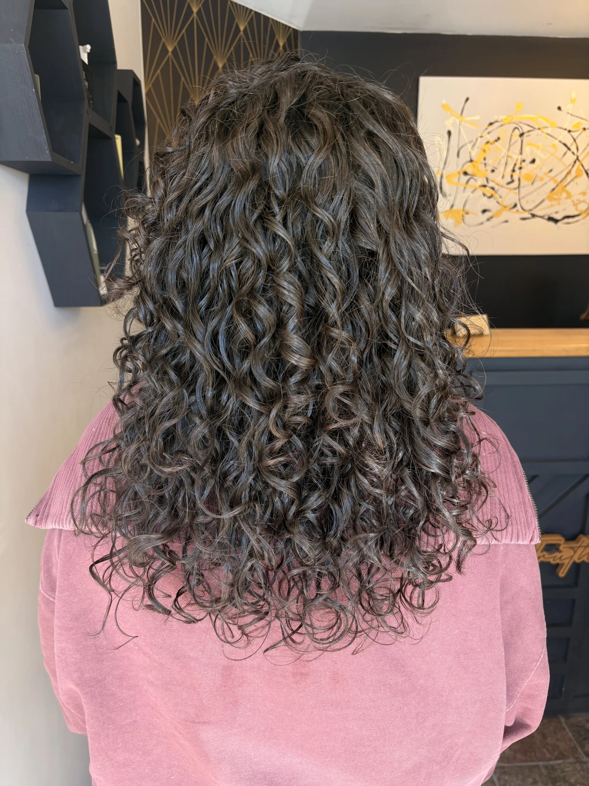 Long dark curly hair with defined ringlets and a shaped finish after a Teal Studio Curl Cut