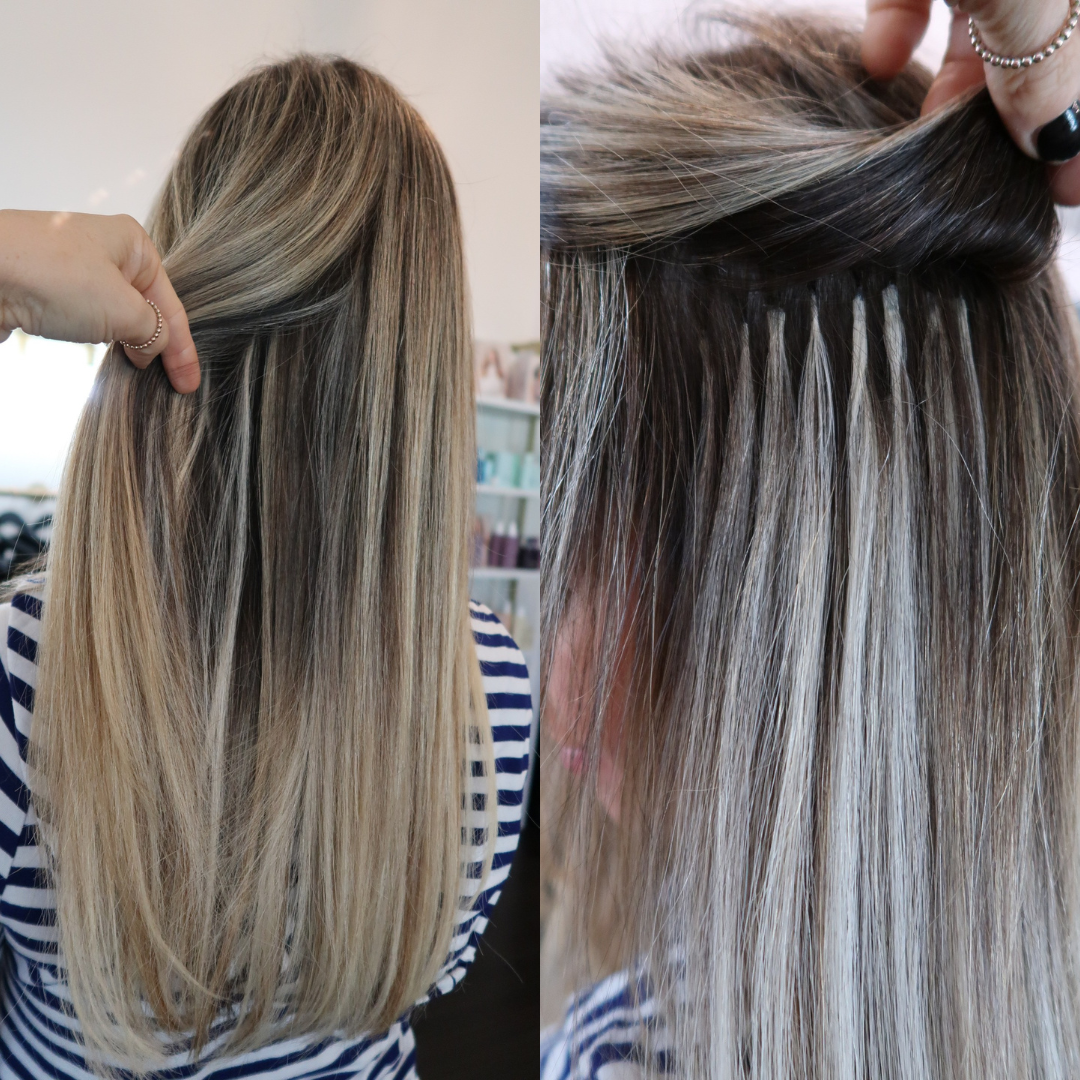 K-Tip extensions blended into long highlighted hair, with individual keratin bonds visible near the roots.