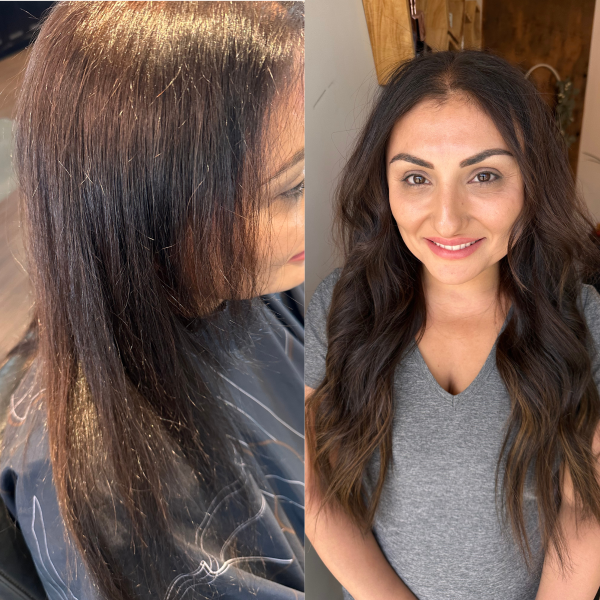 Before-and-after view showing long dark brown hair with added length and volume from hair extensions at Teal Studio.