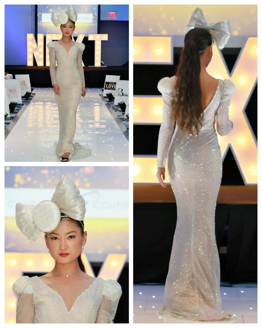 A model walks the runway in a shimmering, floor-length silver gown with puffed shoulders and a deep V-neckline, styled with a dramatic oversized metallic bow fascinator and sleek ponytail.