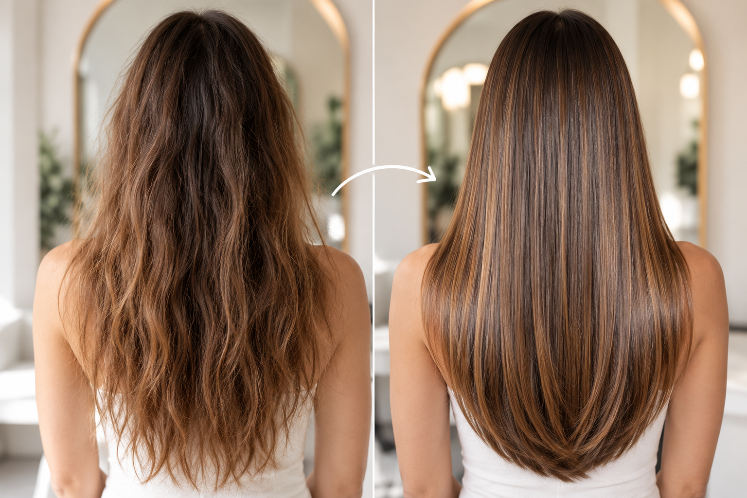 Woman with long, glossy, smooth brunette hair showcasing the sleek, frizz-free look associated with Cezanne keratin smoothing treatments at TEAL Hair & Makeup Studio.
