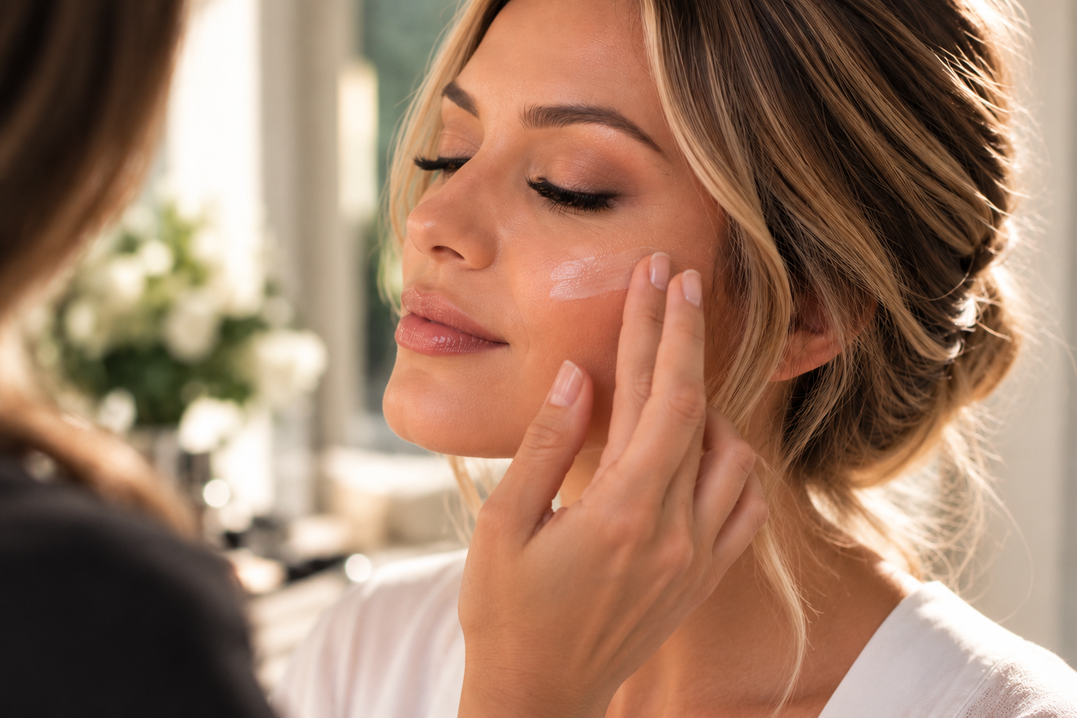 Makeup artist gently applying face primer to a woman's cheek to create a smooth base for long-lasting summer makeup, illustrating beauty tips from TEAL Hair & Makeup Studio.