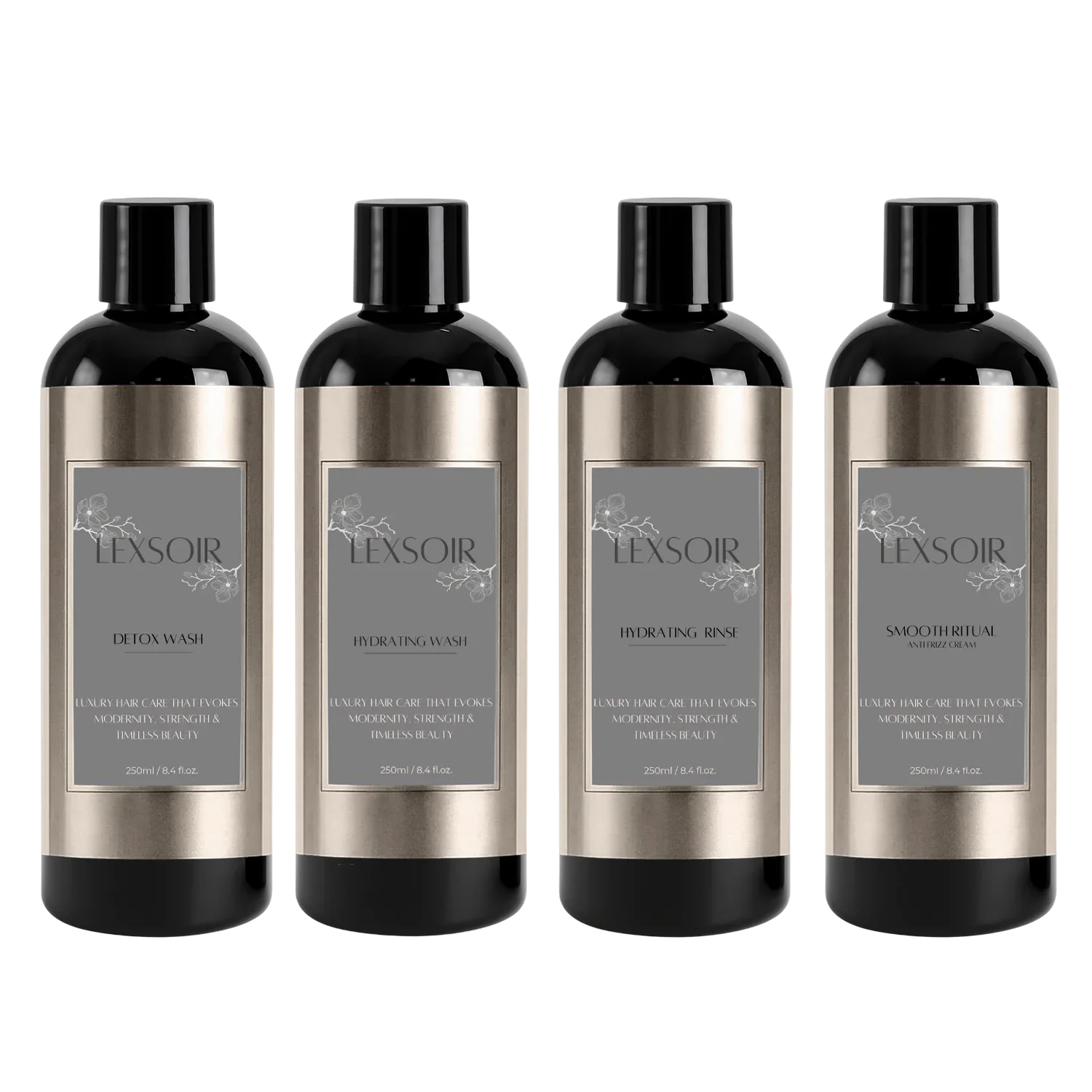 Four LEXSOIR luxury hair care products, including Detox Wash, Hydrating Wash, Hydrating Rinse, and Smooth Ritual Anti-Frizz Cream, displayed in black and silver bottles.