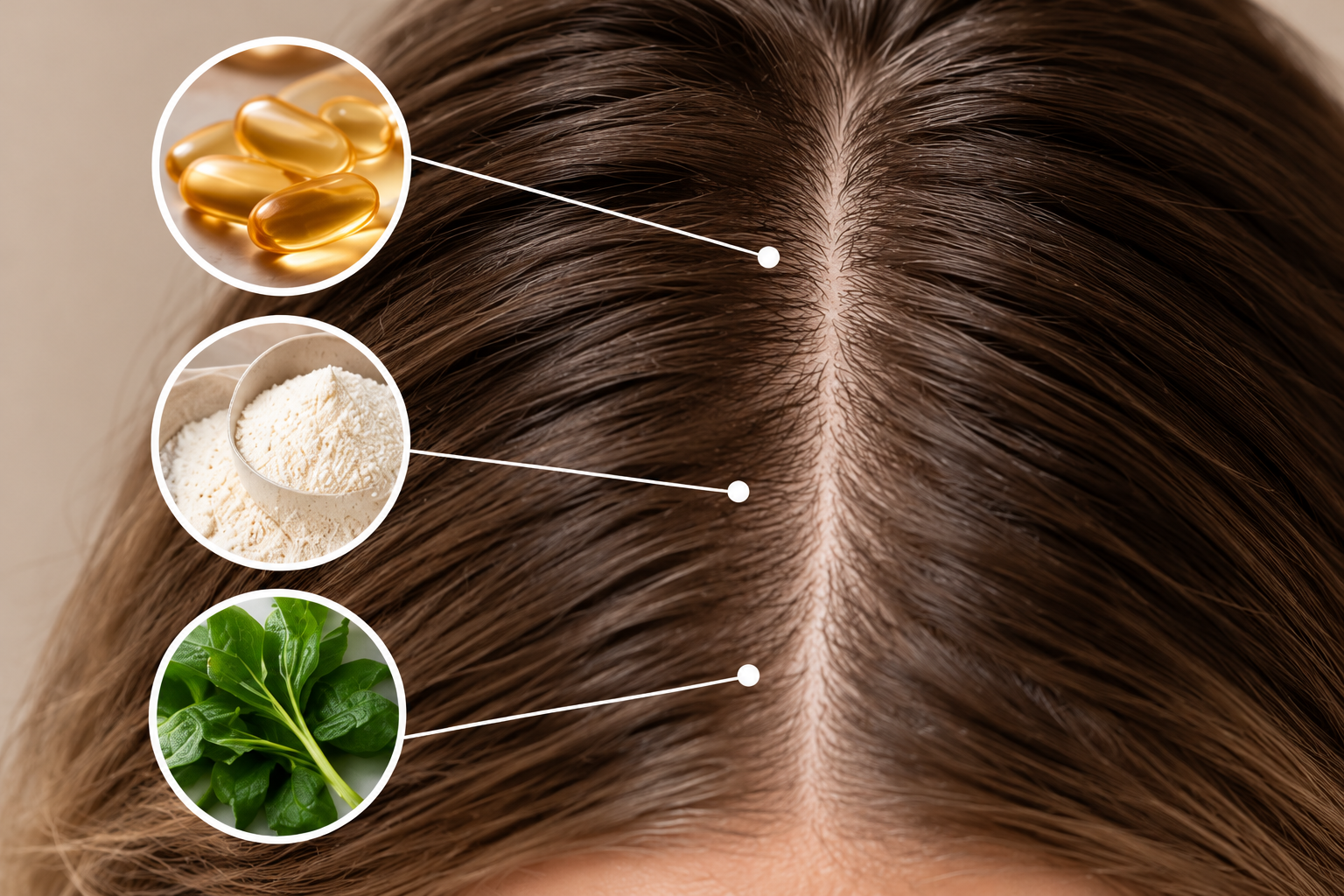 Close-up of brown hair and scalp with illustrations of supplements, protein powder, and leafy greens highlighting nutrition and scalp health.