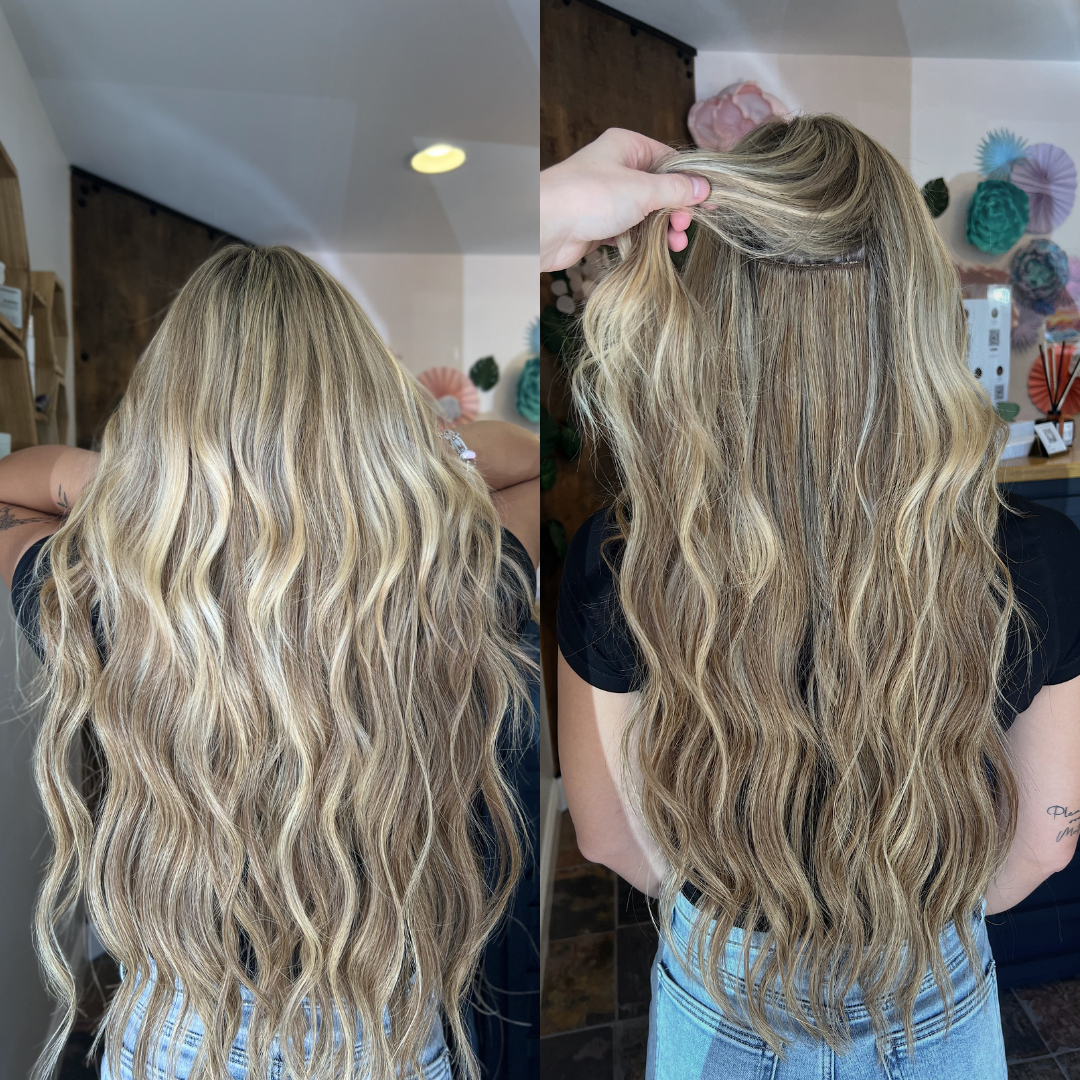 Sew-in extensions with visible weft attachment, blended into long wavy blonde highlighted hair for added length and volume.