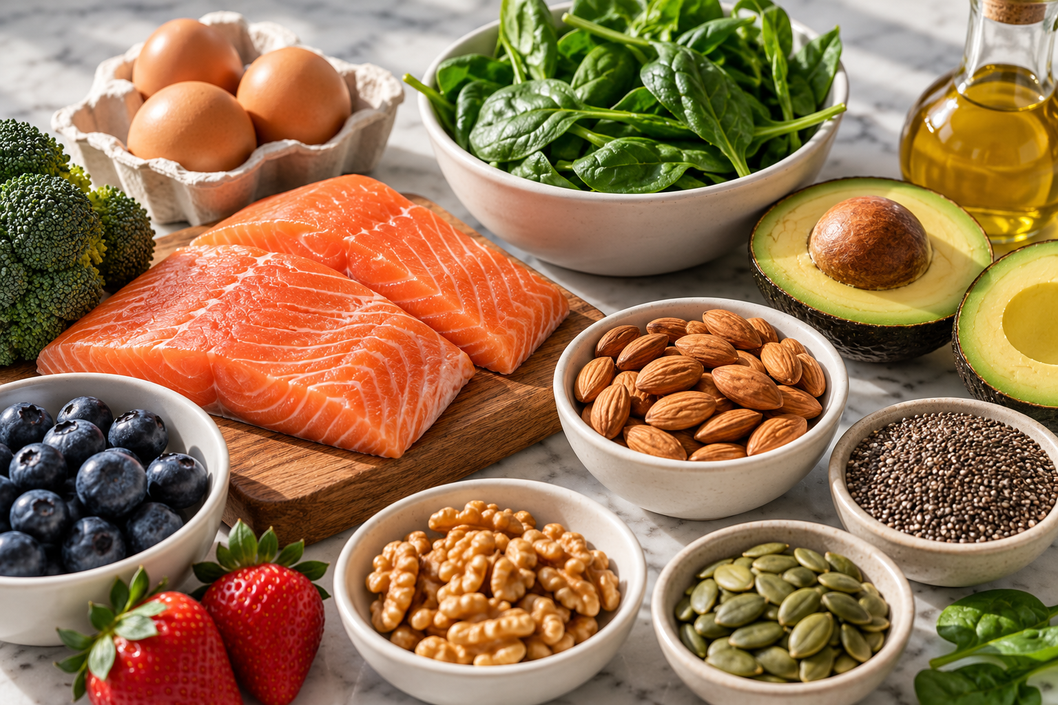 Salmon, eggs, avocado, spinach, nuts, and berries arranged together to illustrate nutrient-rich foods that support healthy hair growth.