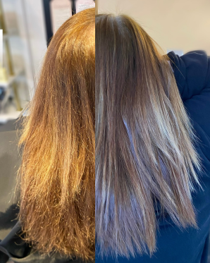 Before-and-after view of long brown hair showing a smoother, straighter finish after a Cezanne Treatment.