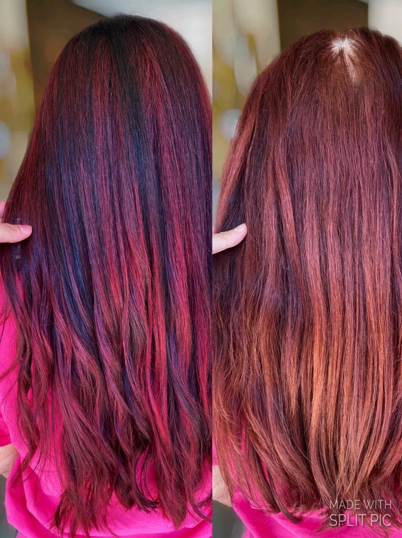 Side-by-side views of long red hair with vivid magenta tones and warm copper-red color