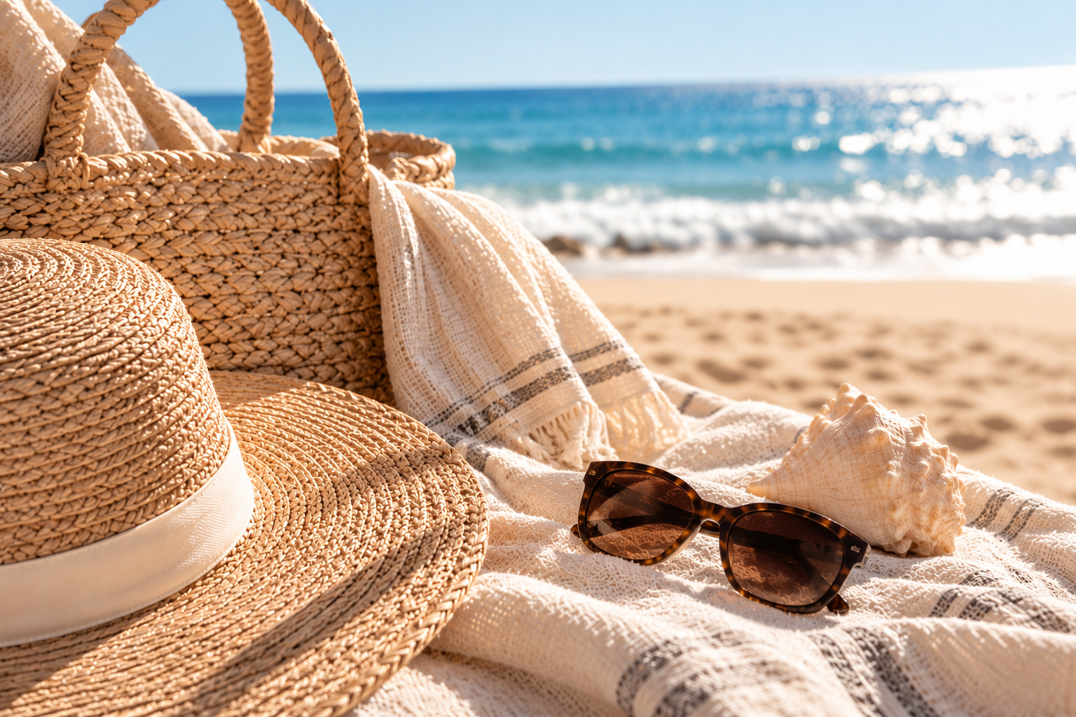 Summer beach essentials featuring a woven straw hat, beach bag, sunglasses, seashell, and textured towel by the ocean, illustrating summer beauty and hair care tips from TEAL Hair & Makeup Studio.
