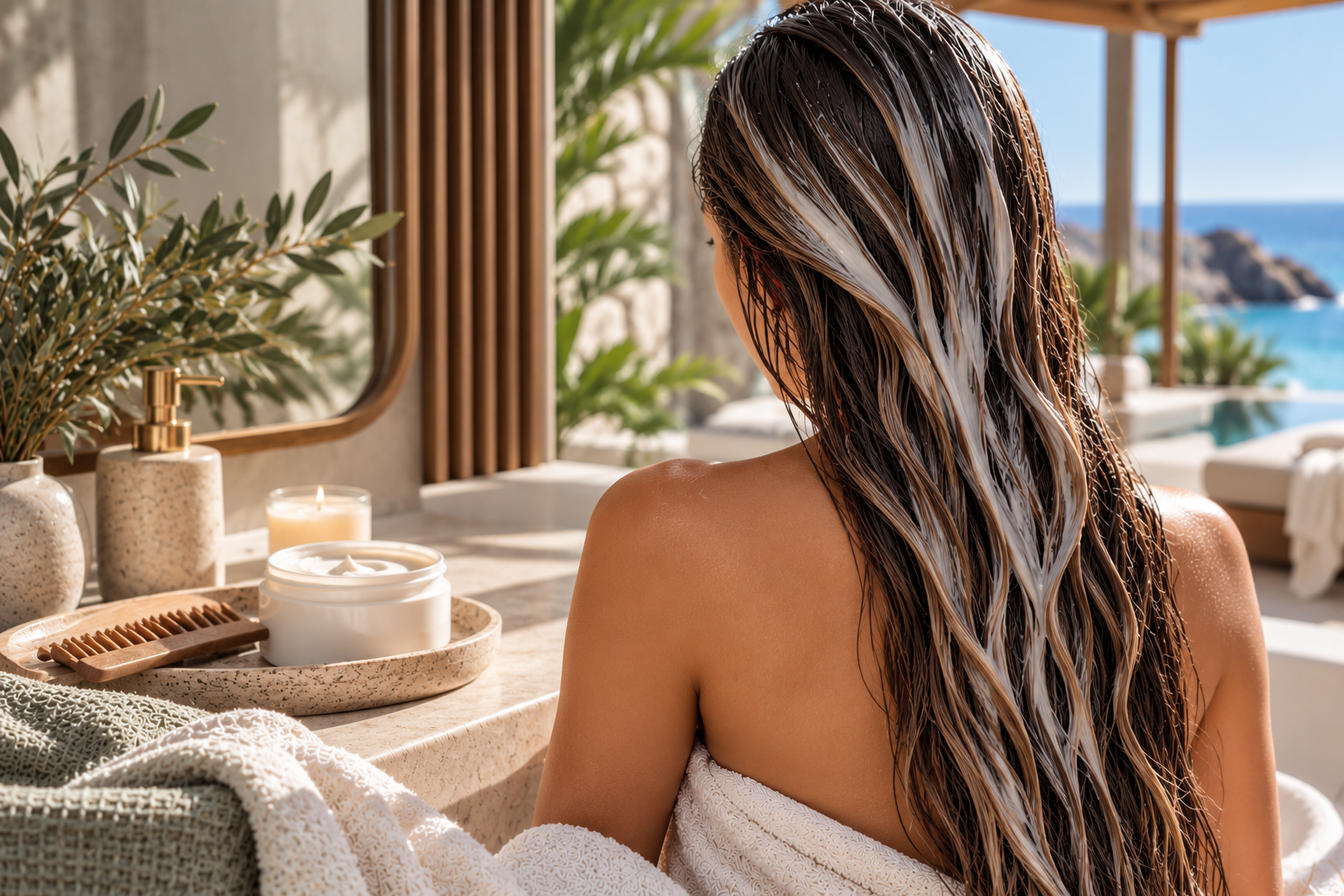 Woman with long, wet black hair coated in a creamy deep conditioning treatment, enjoying an at-home hair care routine in a relaxing spa-inspired setting, illustrating deep conditioning tips from TEAL Hair & Makeup Studio.