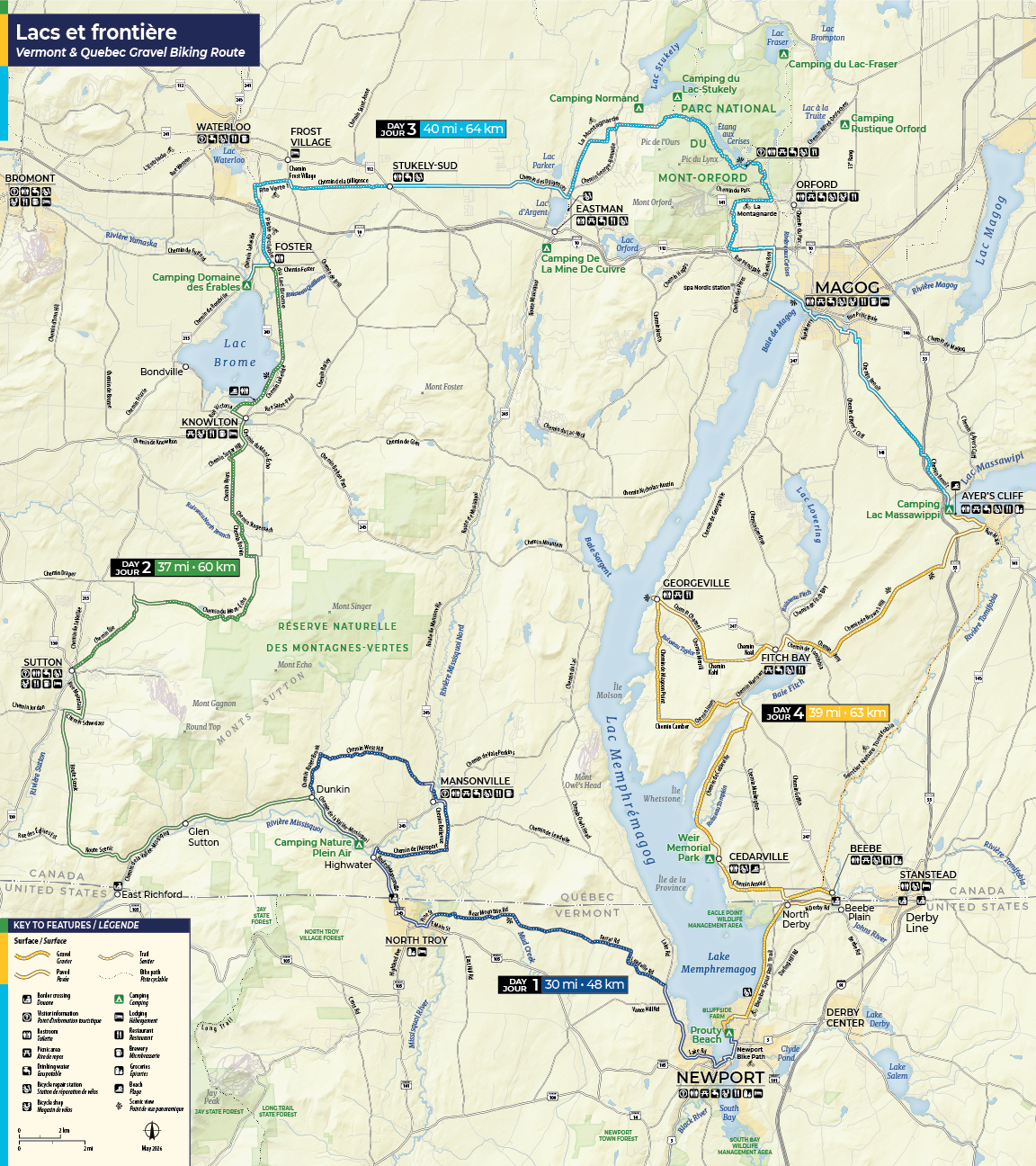 map showing the gravel bike route coded by surface and day