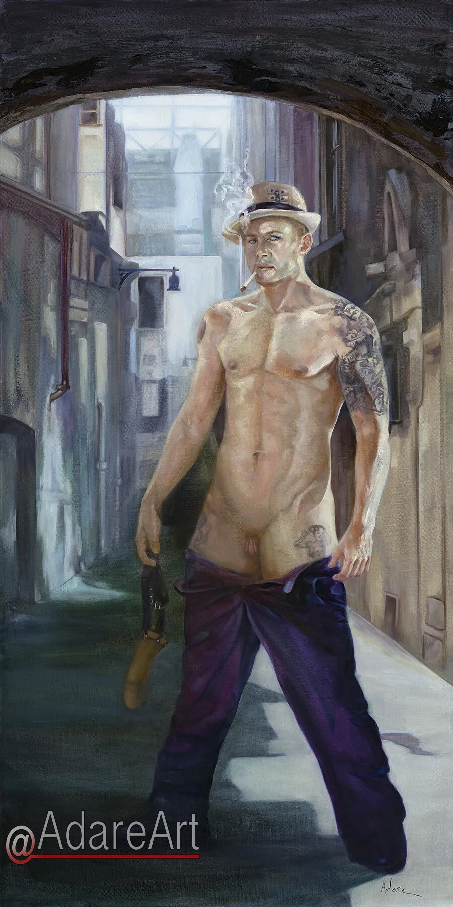 "Bonnie is Clyde"
Portrait of Billy Castro,
Oil on linen, 24 x 48 in.
 As one of the few trans-men in the porn industry, Billy is a sex positive icon in the LGBT community. The porkpie hat and suspenders are an homage to his erotic detective flick Sp