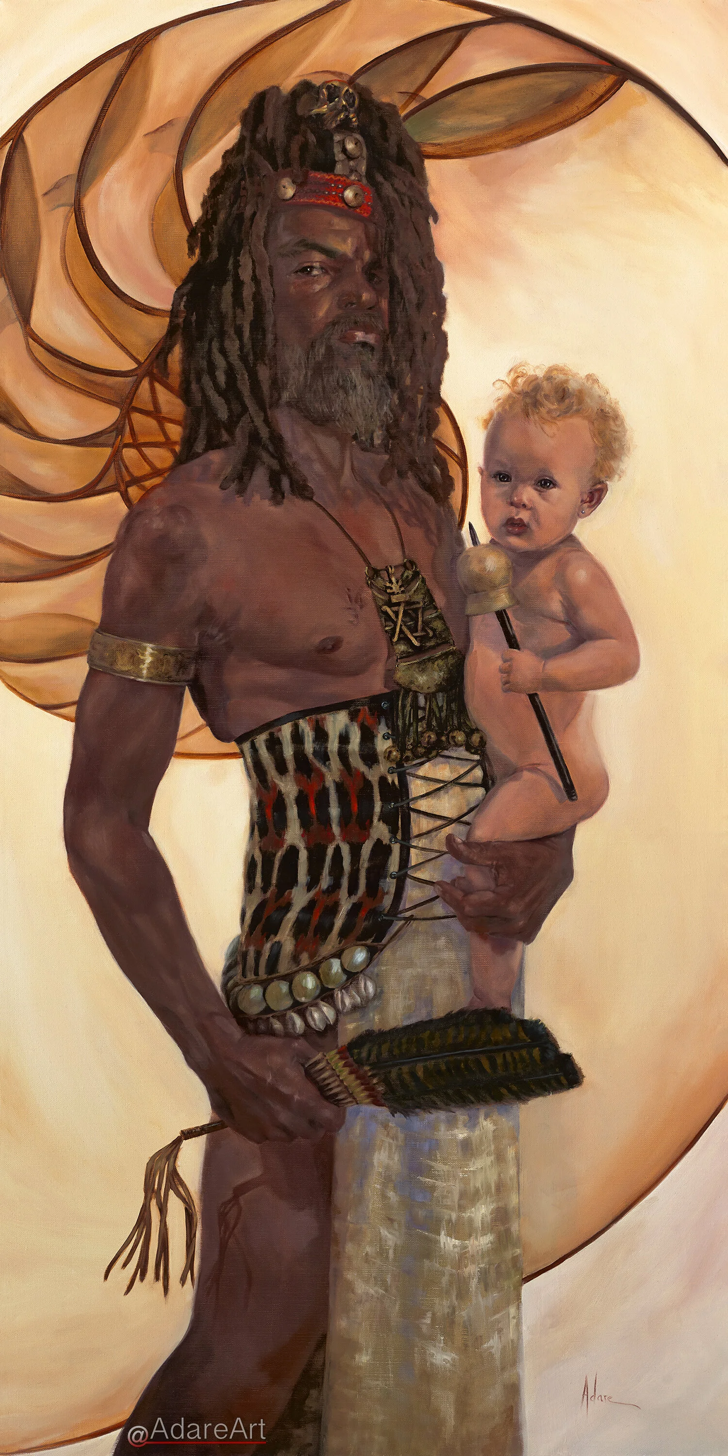 "Fire in Steady Hands"
Portrait to Makhtar Mbacke and his daughter Umme,
Oil on linen, 24 x 48 in. 
 A Rastafarian explorer of Indigenous culture,  the scars on Makhtar's chest are testaments of the Sun-Dance, the medallion an emblem of his faith, an