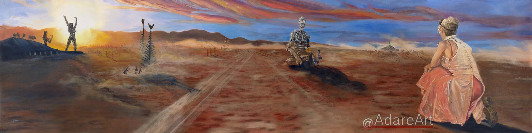 "Dreams of a Dusty Penguin"
Portrait of Karen Cusolito,
Oil & Playa Dust on American Cotton
120 x 30 in.
An epic metal work sculptor, and founder of Oakland's American Steel, Karen's forty foot giants loom over Burning Man. 
 www.KareCuso.com