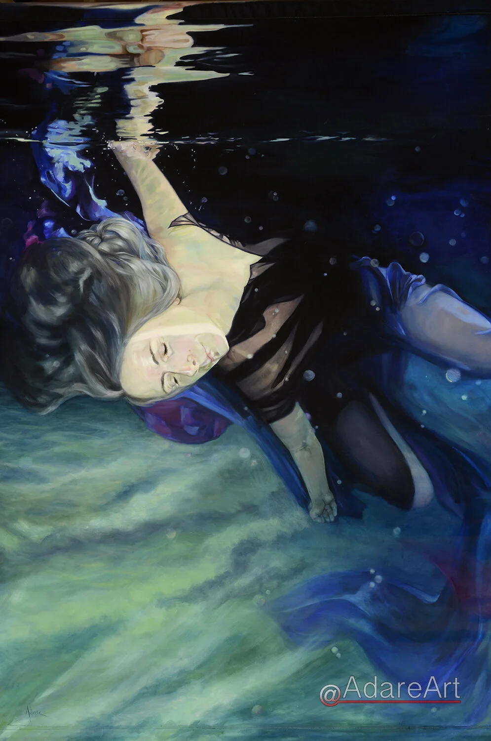"Fathom" 
Portrait of Lilia Cangemi, Oil on Belgian Linen 90 x 126 in.
Combining her experience as a licensed massage therapist as well as a Healing Dance, Waterdance and Watsu instructor, Lilia founded Dolphin Dance, an immersive healing process.
w