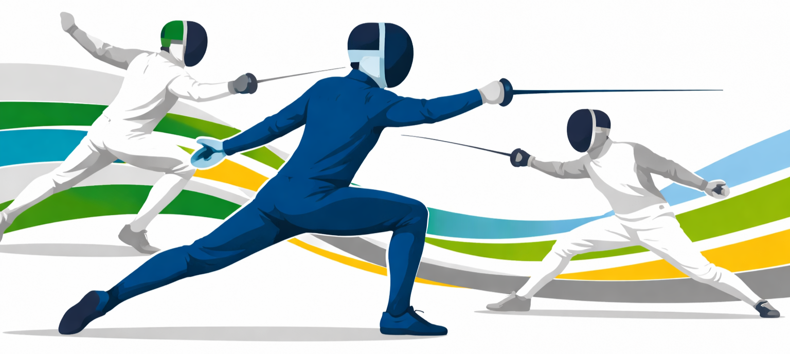 Illustration of three fencers in action, wearing fencing gear, lunging and attacking with swords.