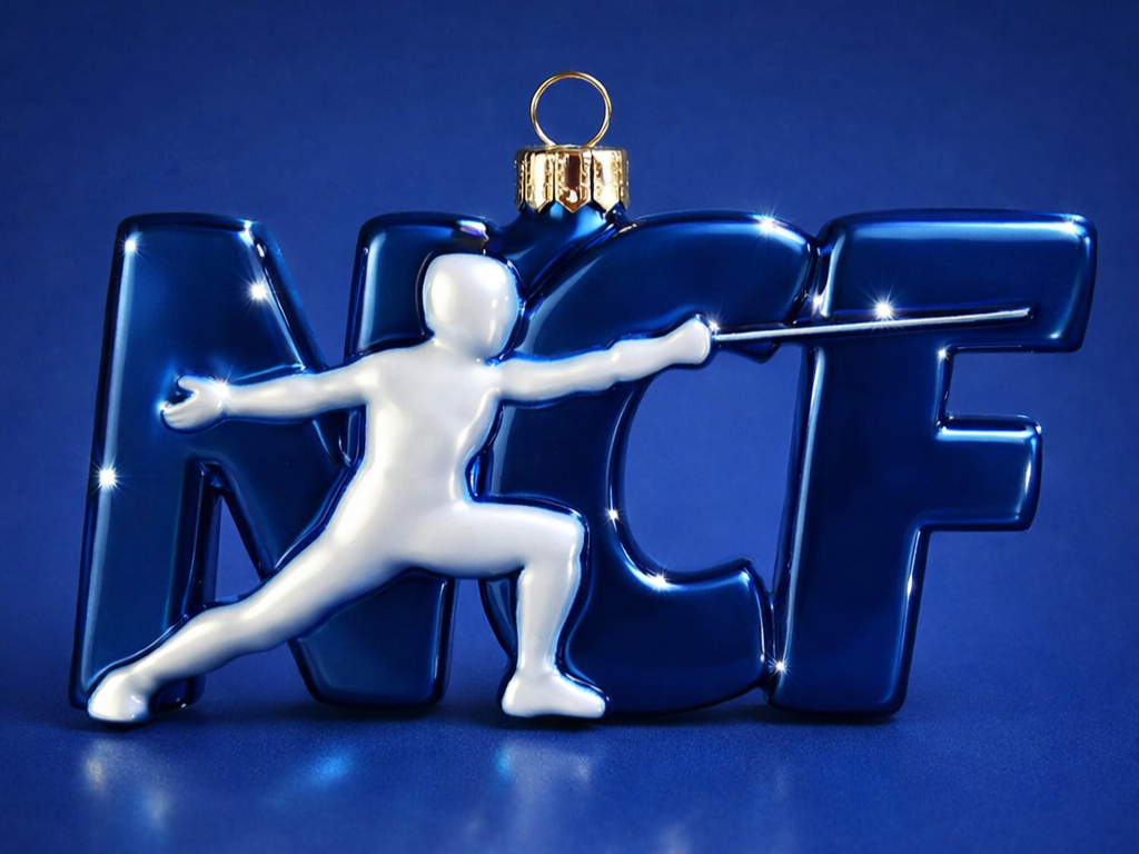 A Christmas ornament with the word 'NOEL' in shiny blue letters, featuring a white figurine of a person in a martial arts pose holding a sword, set against a blue background.