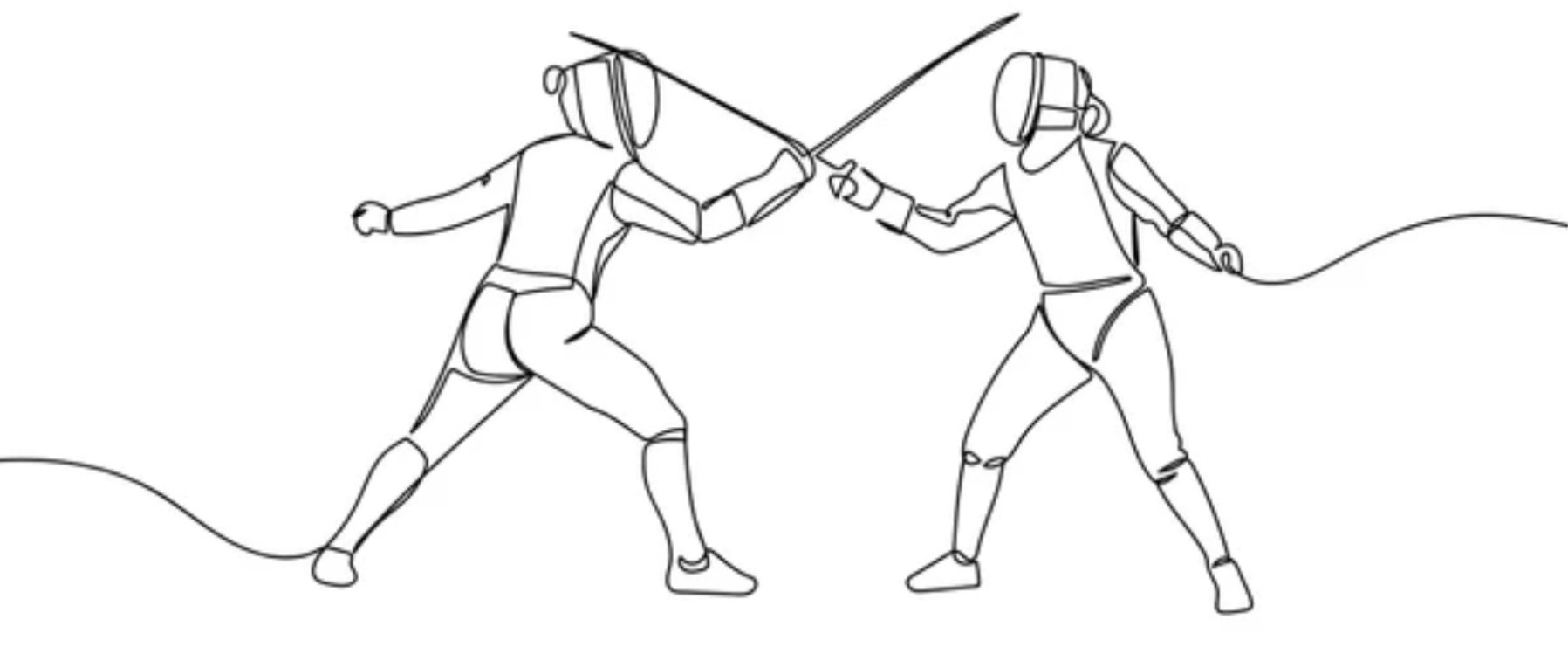 Line drawing of two foil fencers in protective gear, engaged in a duel with swords crossing each other.