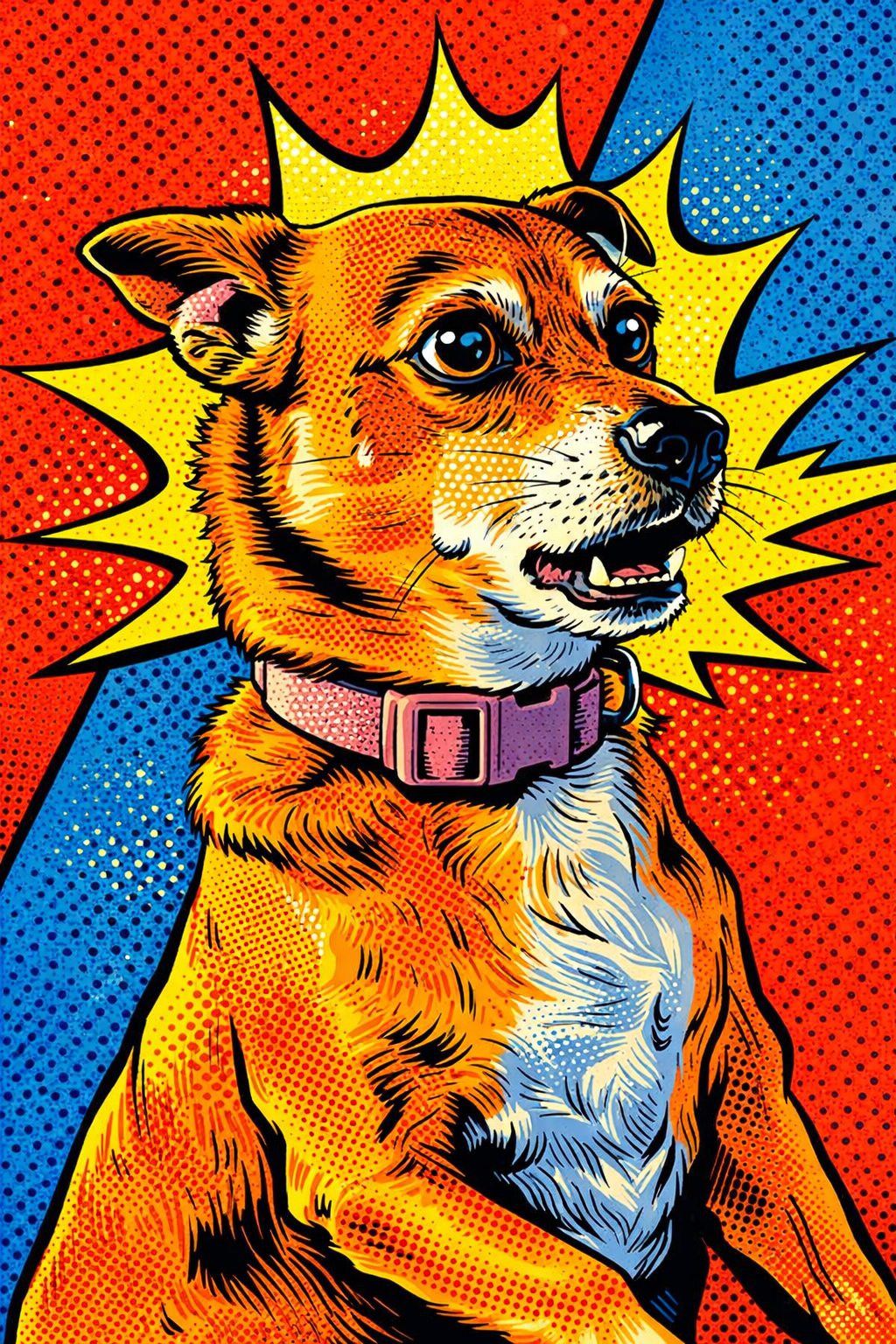 A colorful pop art style illustration of a dog with a pink collar, surrounded by a yellow explosion burst on a red and blue dotted background.