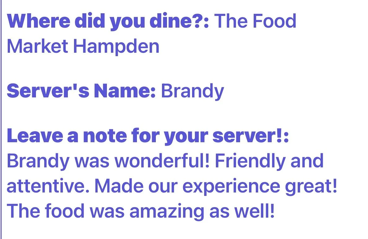 New tabletop tents with (QR codes) lead to some lovin’ for our incredible team members.
Our food is an experience. Our staff makes it memorable. Make sure to shout them out on your next visit.
#TheFoodMarket
.
.
#VisitBaltimore #MyBmore #Balti