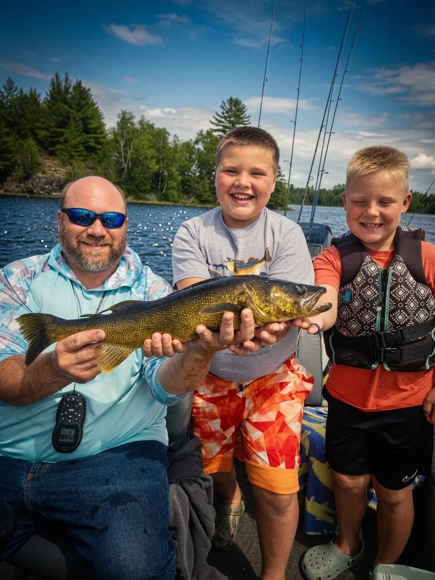 Family with walleye caught on Ely area lake near BWCA. Early summer fishing from Arrowhead Outdoors.